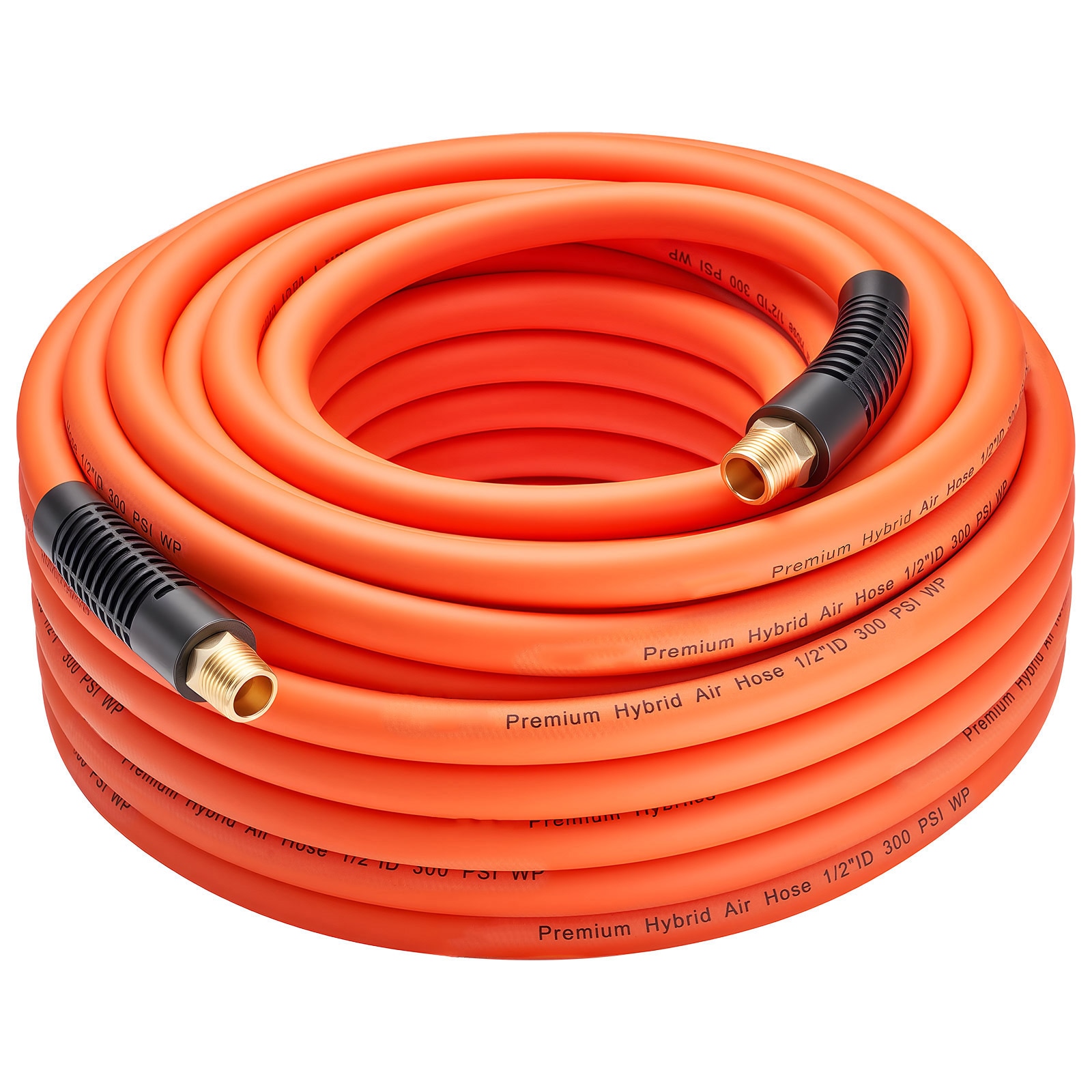 VEVOR Air Hose 1/2in x 100ft Hybrid Air Hose Lightweight Kink Resistant Pneumatic Hoses with 1/2 inch Solid Brass Male Fitting Three-Layer Hybrid Material 300 PSI All-Weather Flexibility Orange