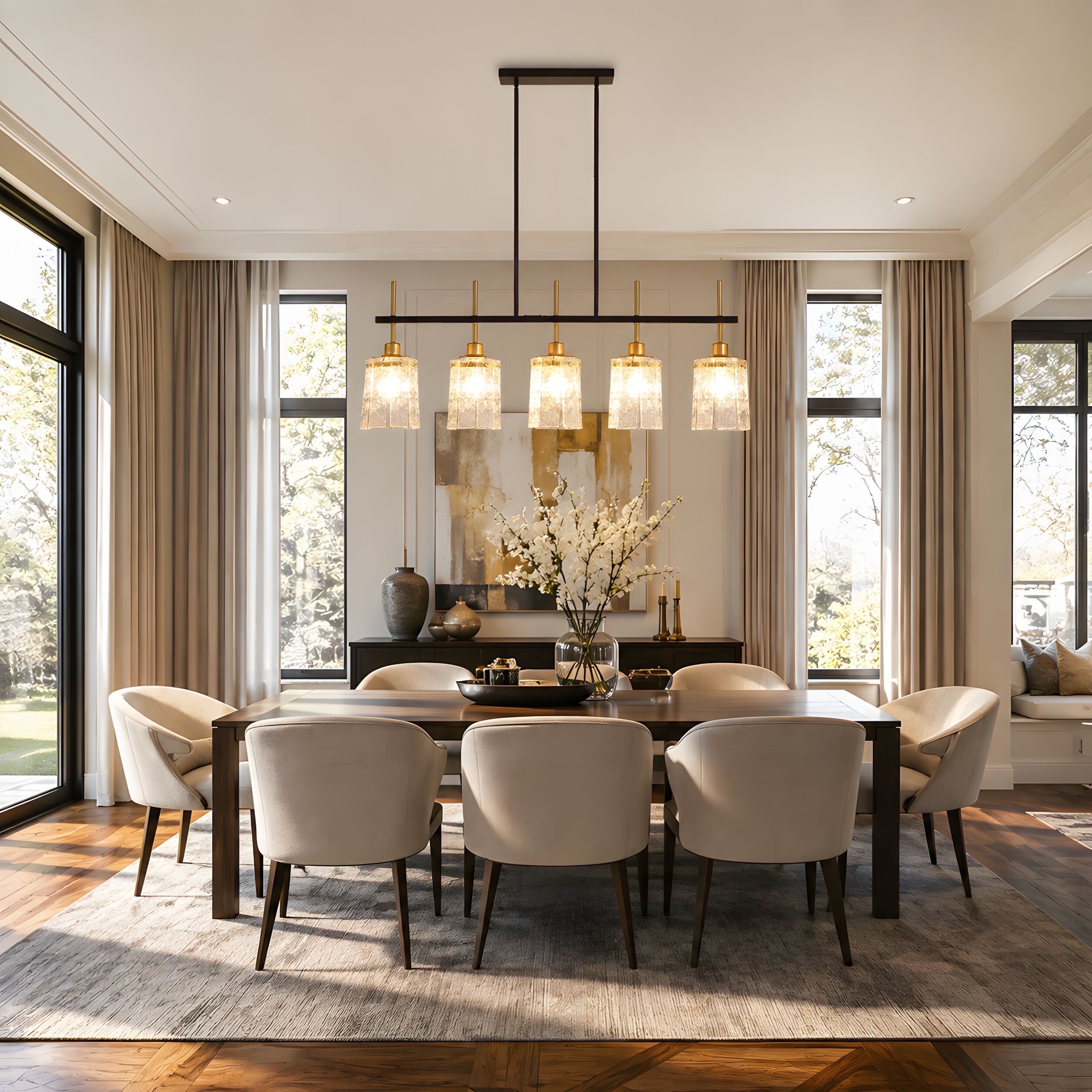 RCCFBHM 42.83-In 5-Light Linear Chandelier Modern Rustic Kitchen Island Pendant Light Fixture with Ripple Glass Shades Over Table Dining Room
