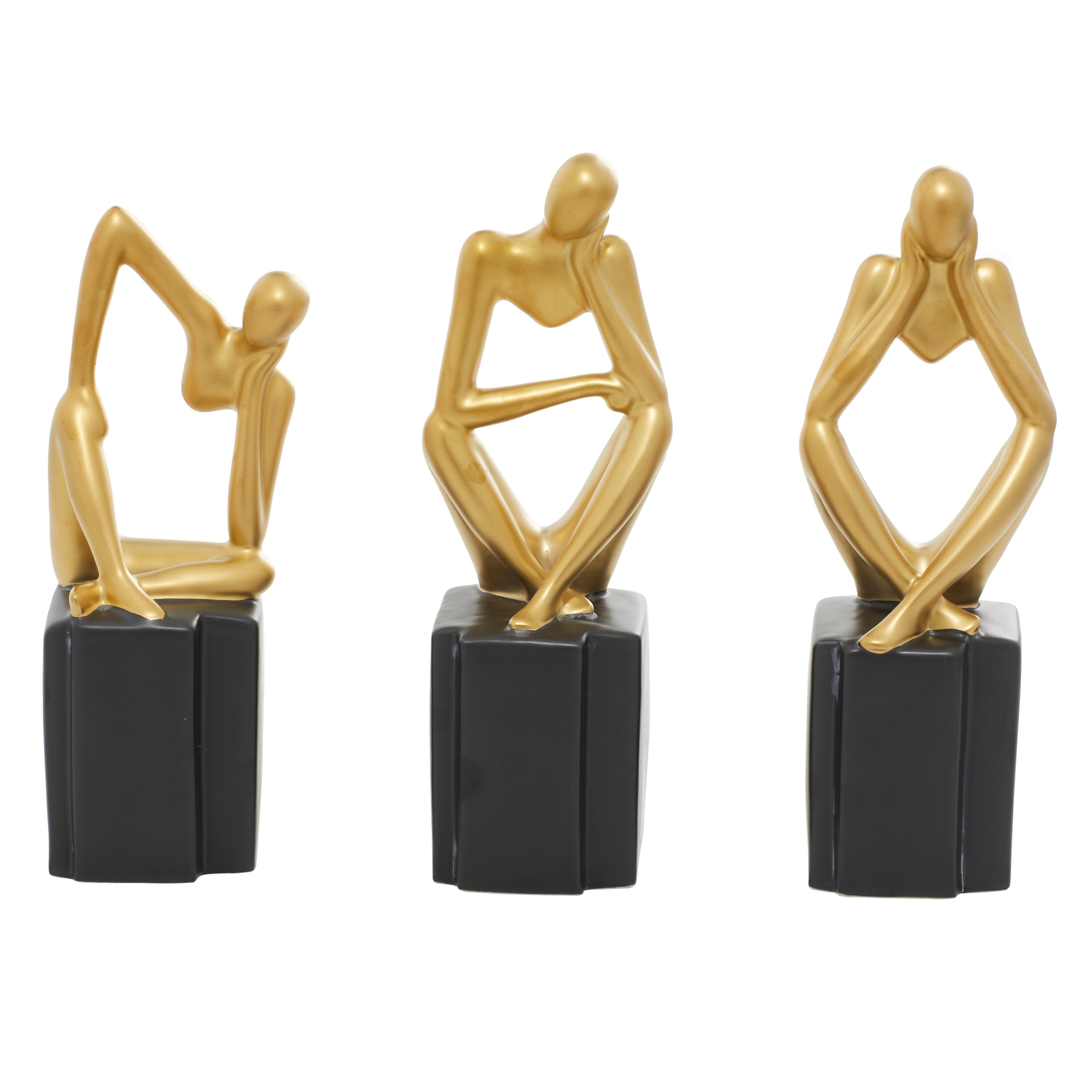 Gold Porcelain Sitting Thinker Trio Sculptures 4"W, 13"H