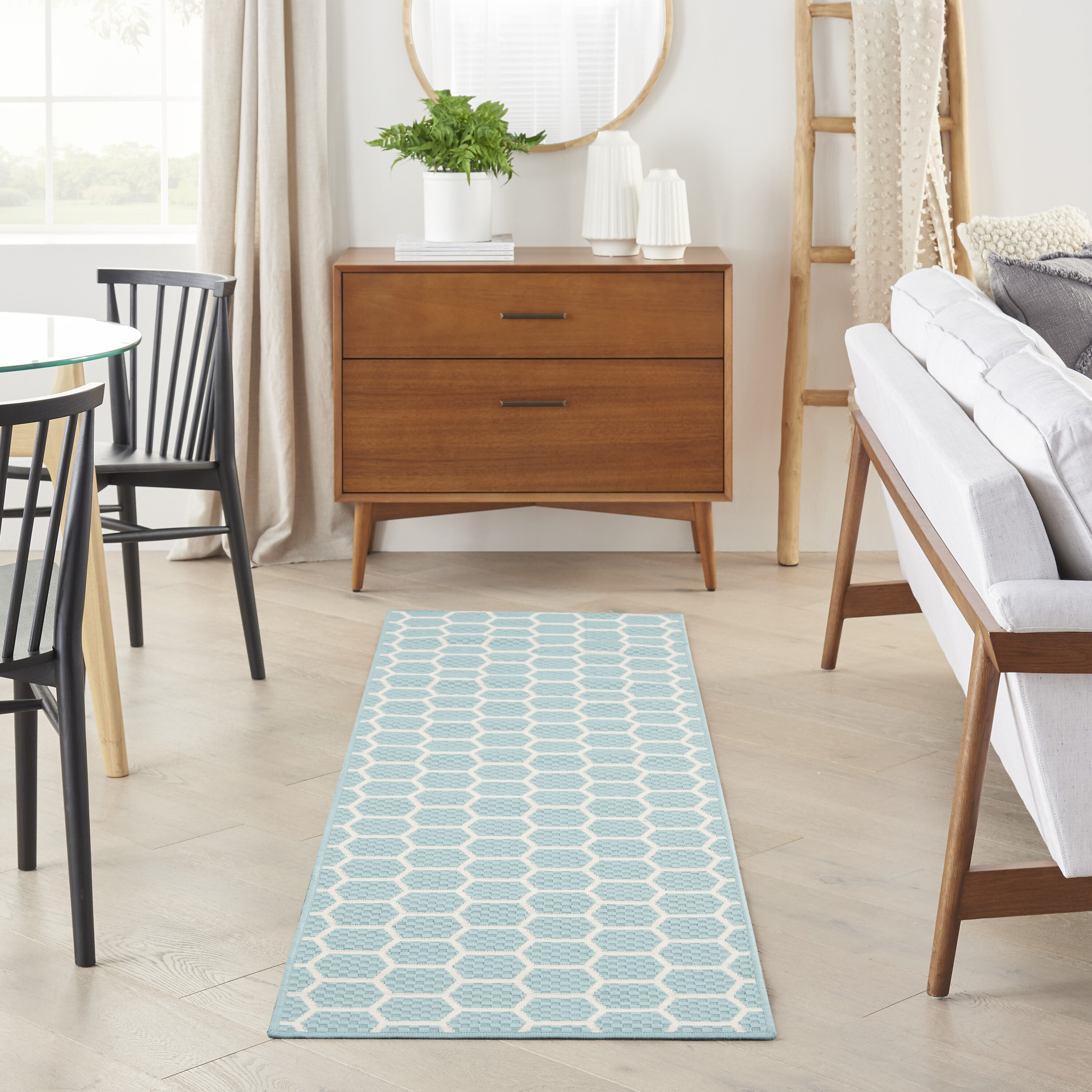 Nourison Home 099446973764 Reversible Indoor Outdoor 2 x 8 (ft) Polyester/Polypropylene Aqua Rectangular Indoor/Outdoor Geometric Runner rug
