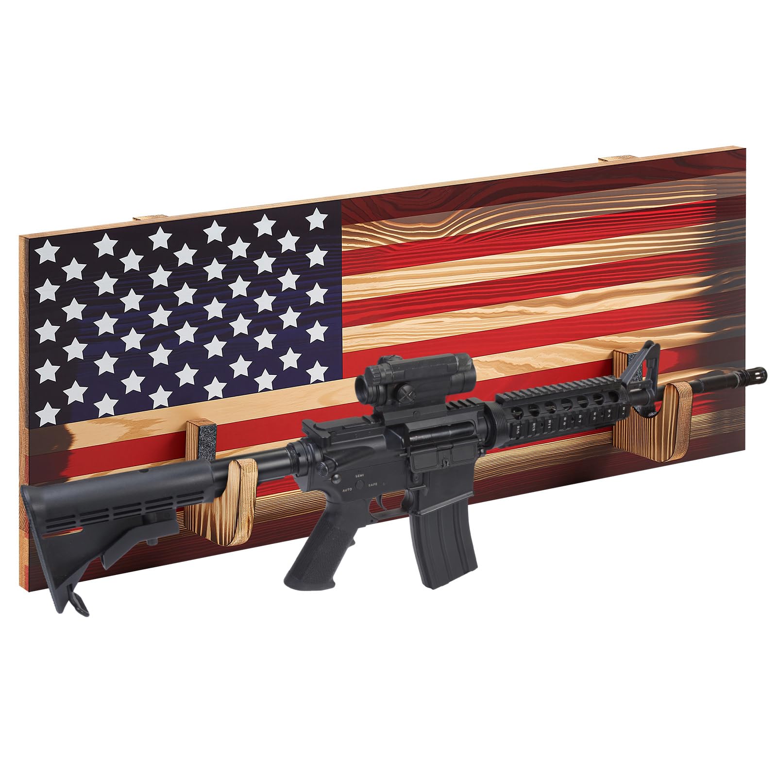 UUDULY  Wall Mount Gun Rack Indoor Rack for Guns Wood Display Storage Shelf with Flag Background Patriotic Wall Holder Decoration for Bows and