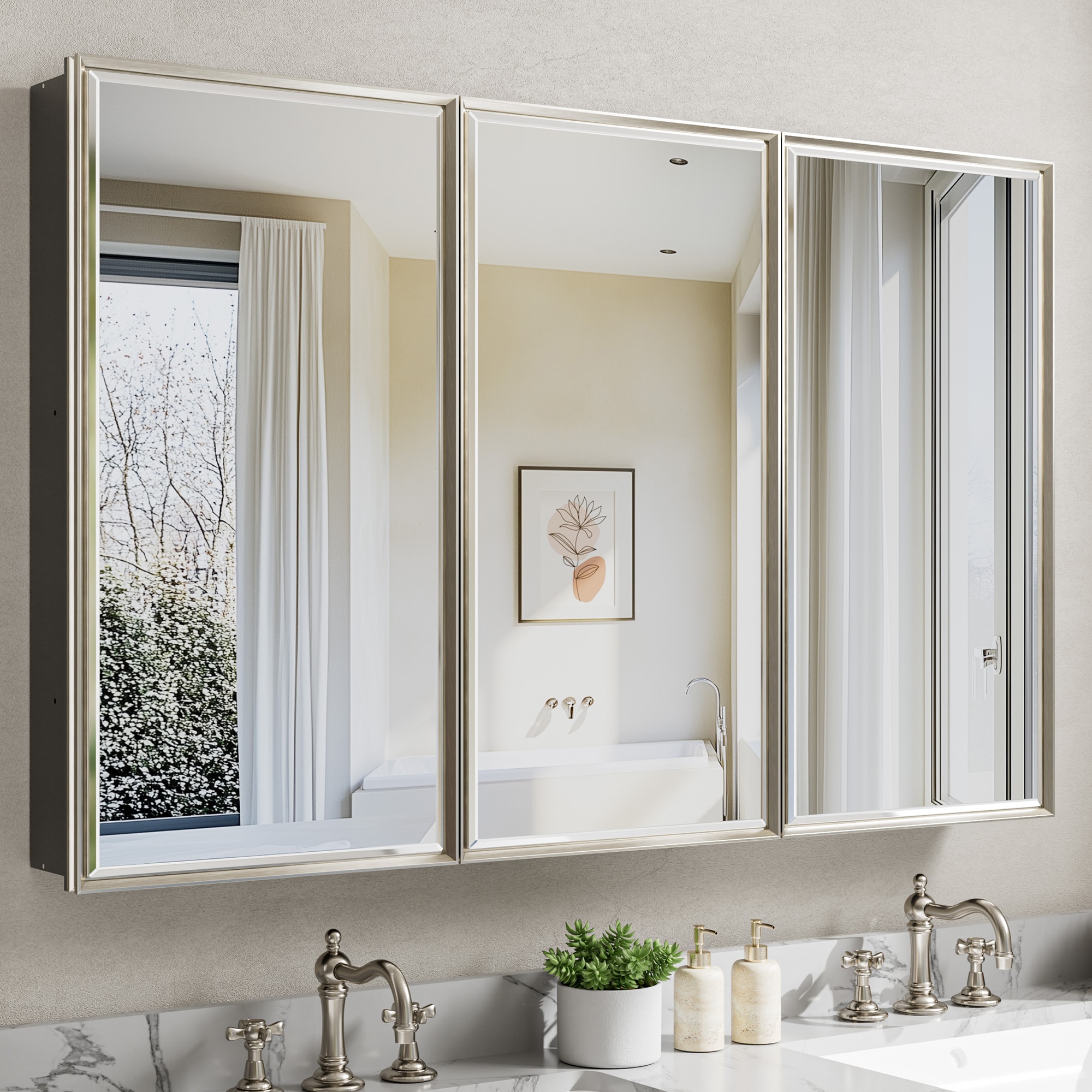 QueenFun MCBB4830BN Medicine Cabinets Mirrors 48-in x 30-in Surface/Recessed Mount Brushed Nickel Mirrored Rectangle Soft Close Medicine Cabinet