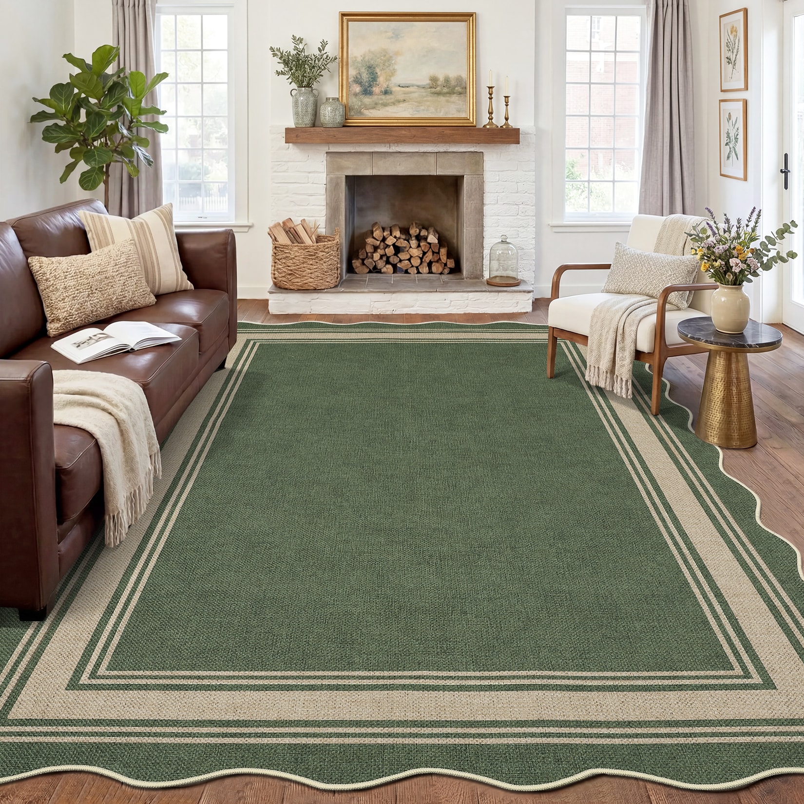Aoile 5 x 7 ft Green Easy Jute Rectangular Scalloped Bordered Non Slip ...