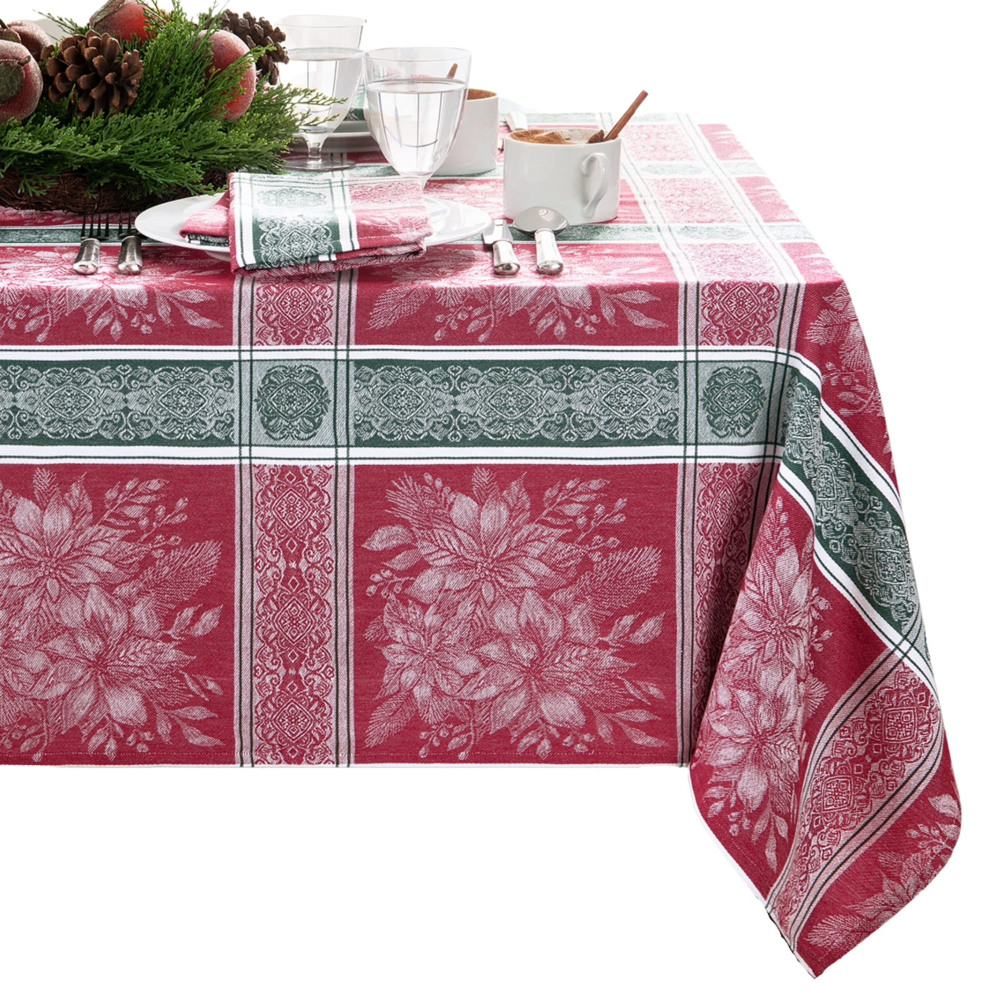 Elrene Home Fashions 194590090579 Poinsettia Plaid Jacquard 60"x120" Indoor Multicolor Table Cover for 8-ft rectangle