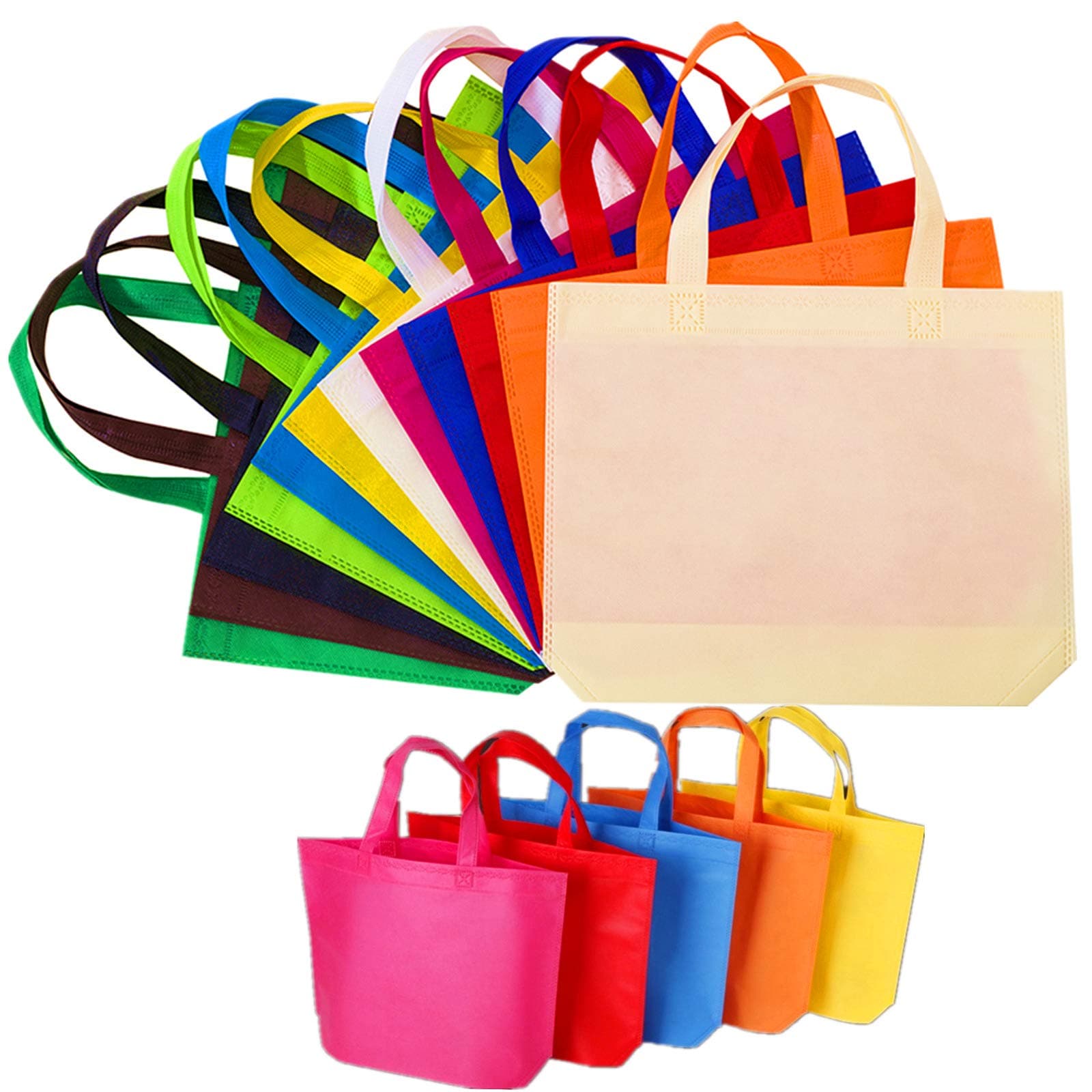 Phewnyzo  12 Pack 13 in Multi Color Reusable Tote Gift Bags with Sturdy Handles for Party Treats Shopping and Storage durable home and garden