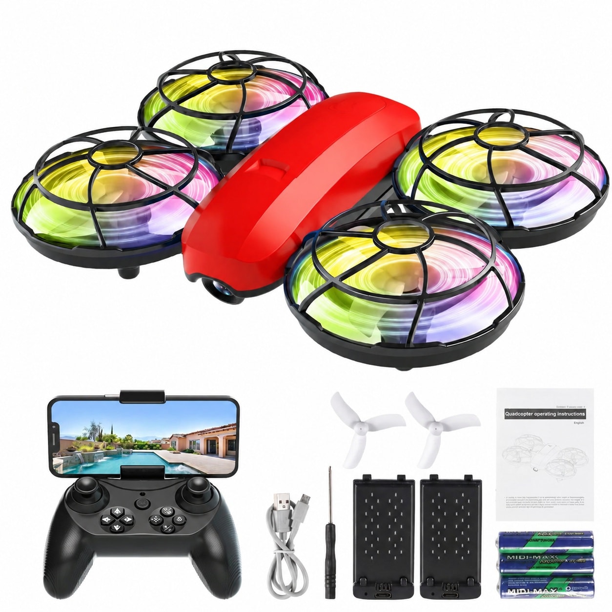 Misopily Drone with Camera for Kids Beginner Indoor Quadcopter Toy Auto Hover Headless Mode 3D Flips Multicolor Lights Full Fan Protection Easy #LMS0526M014