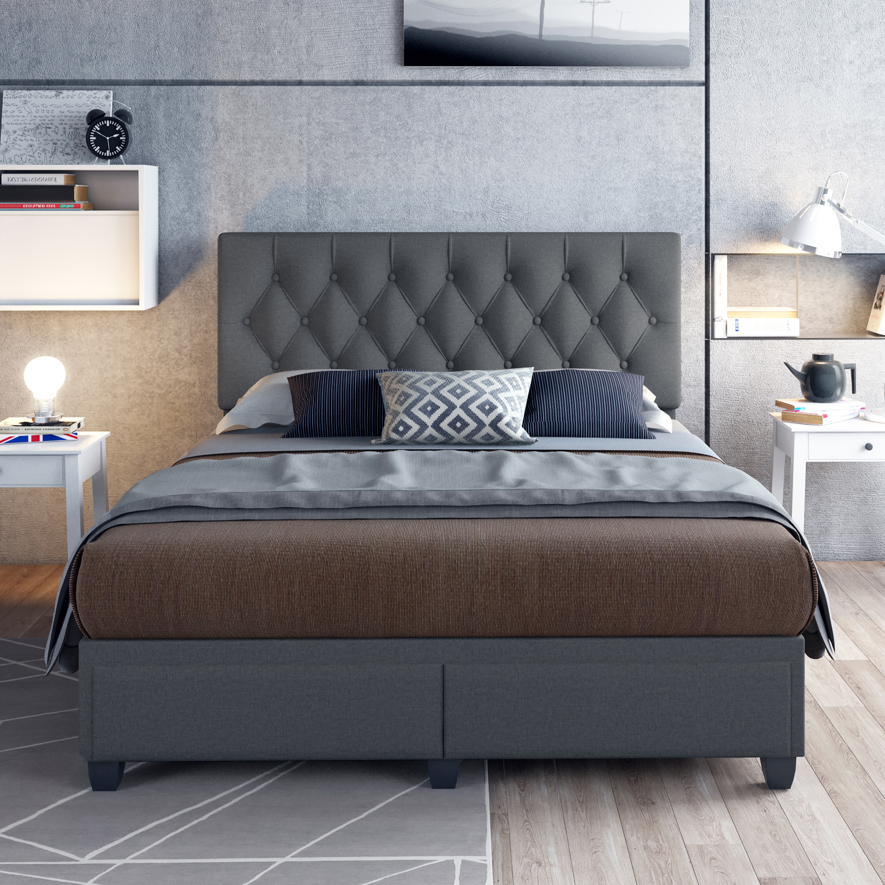 Salerno Black Queen Upholstered Platform Bed with Storage Drawers