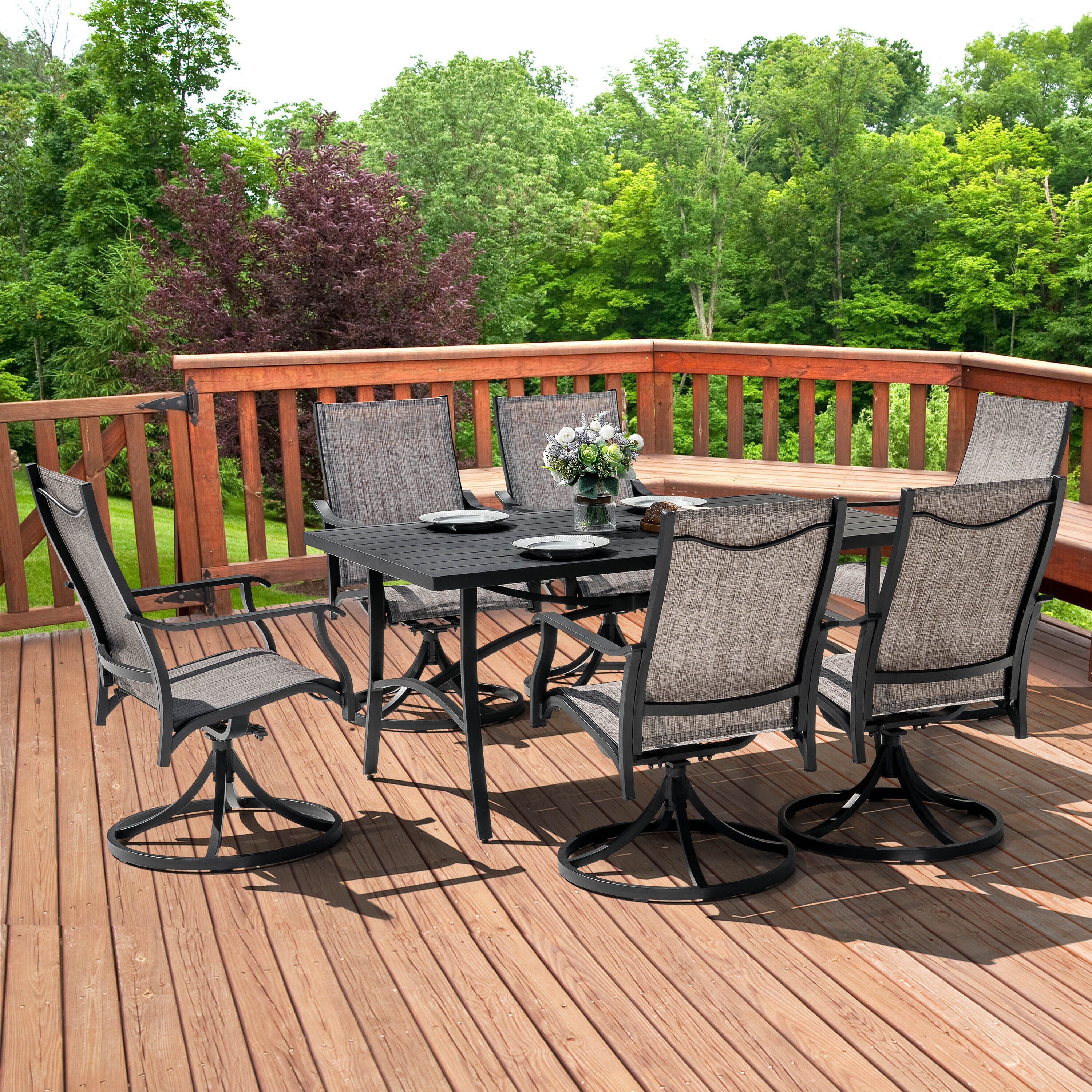 Nuu Garden 7-Piece Black Patio Dining Set Aluminum Rectangle Table with ...