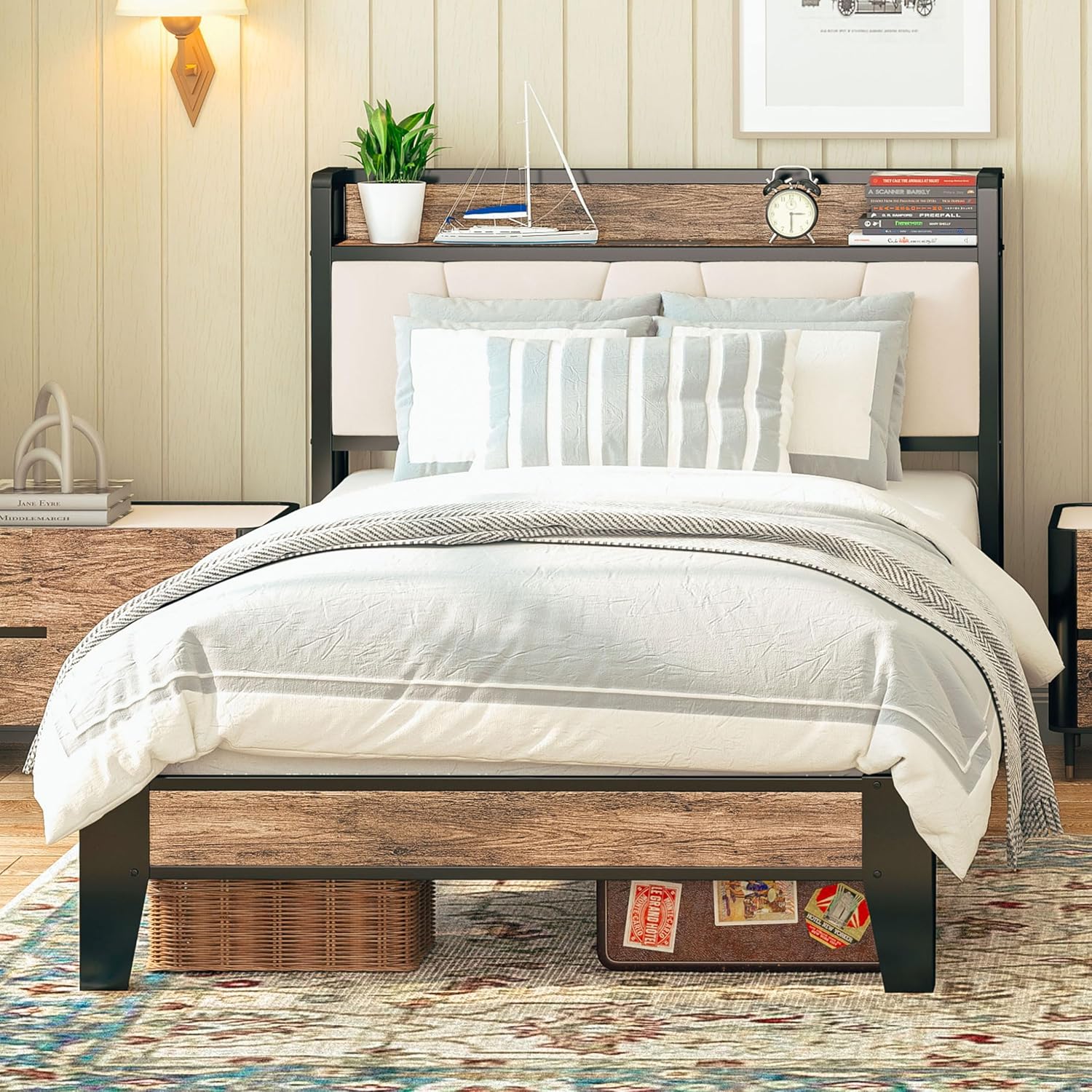 Likimio EAMRXVCBWDNOTY4Y 42.5-in W Walnut and Beige Twin Bed Frame with Storage Headboard and Charging Station