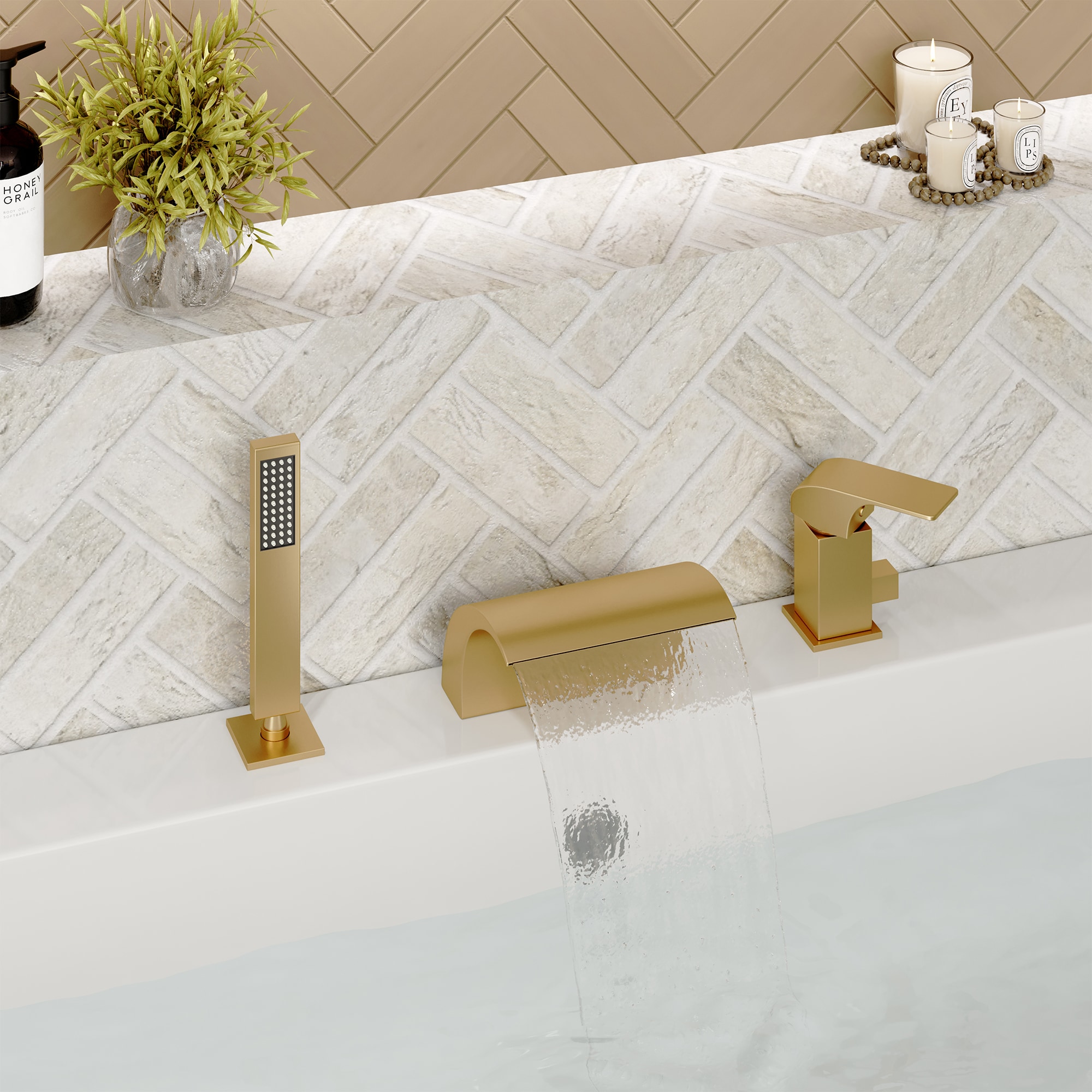 CASAINC OY-98A1002-MB Brush Gold 1-handle Deck-mount Roman High-arc Bathtub Faucet with Hand Shower