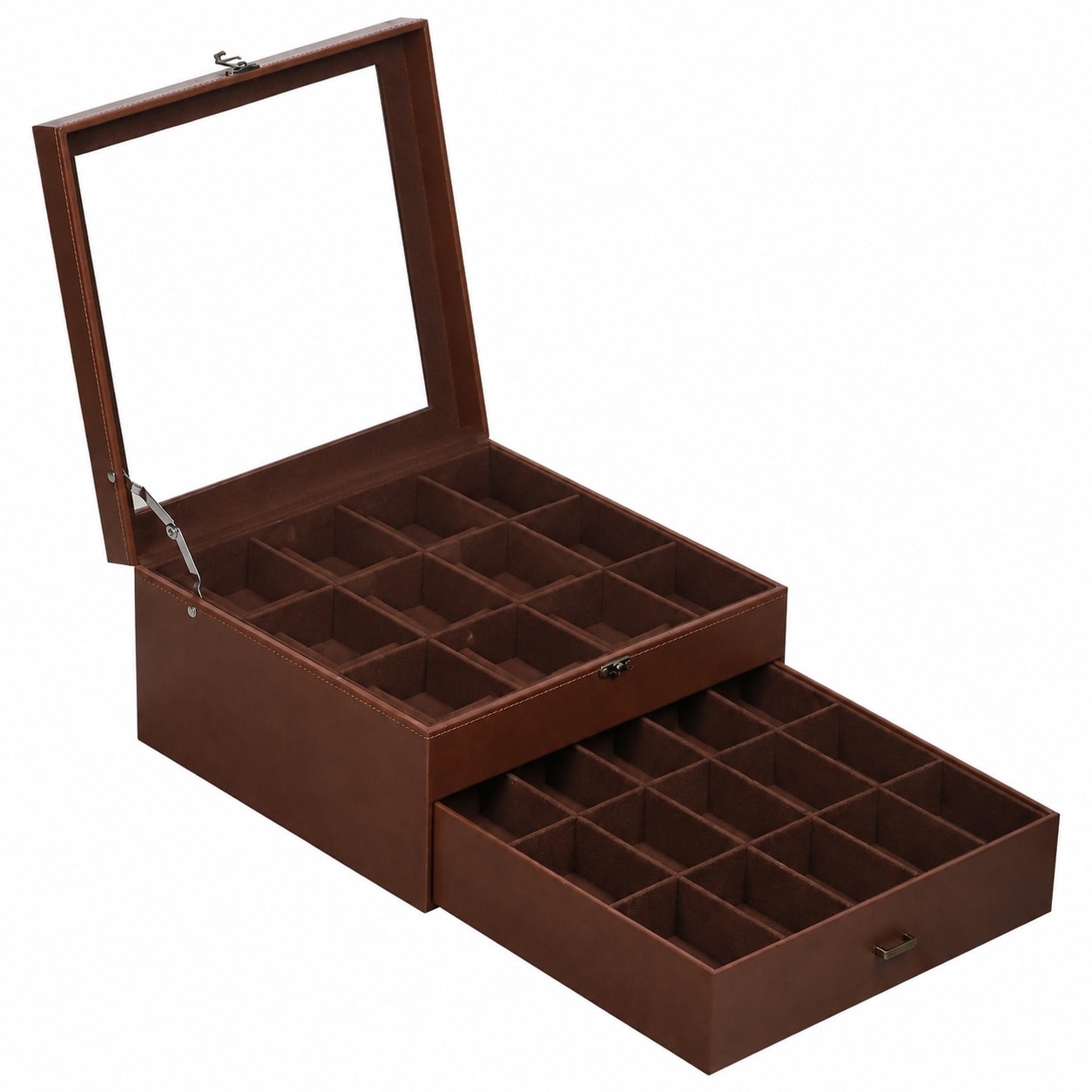 Etokfoks  Two Layer 30 Slot Coffee PU Leather Glass Top Lockable Watch and Jewelry Organizer with Soft Interior