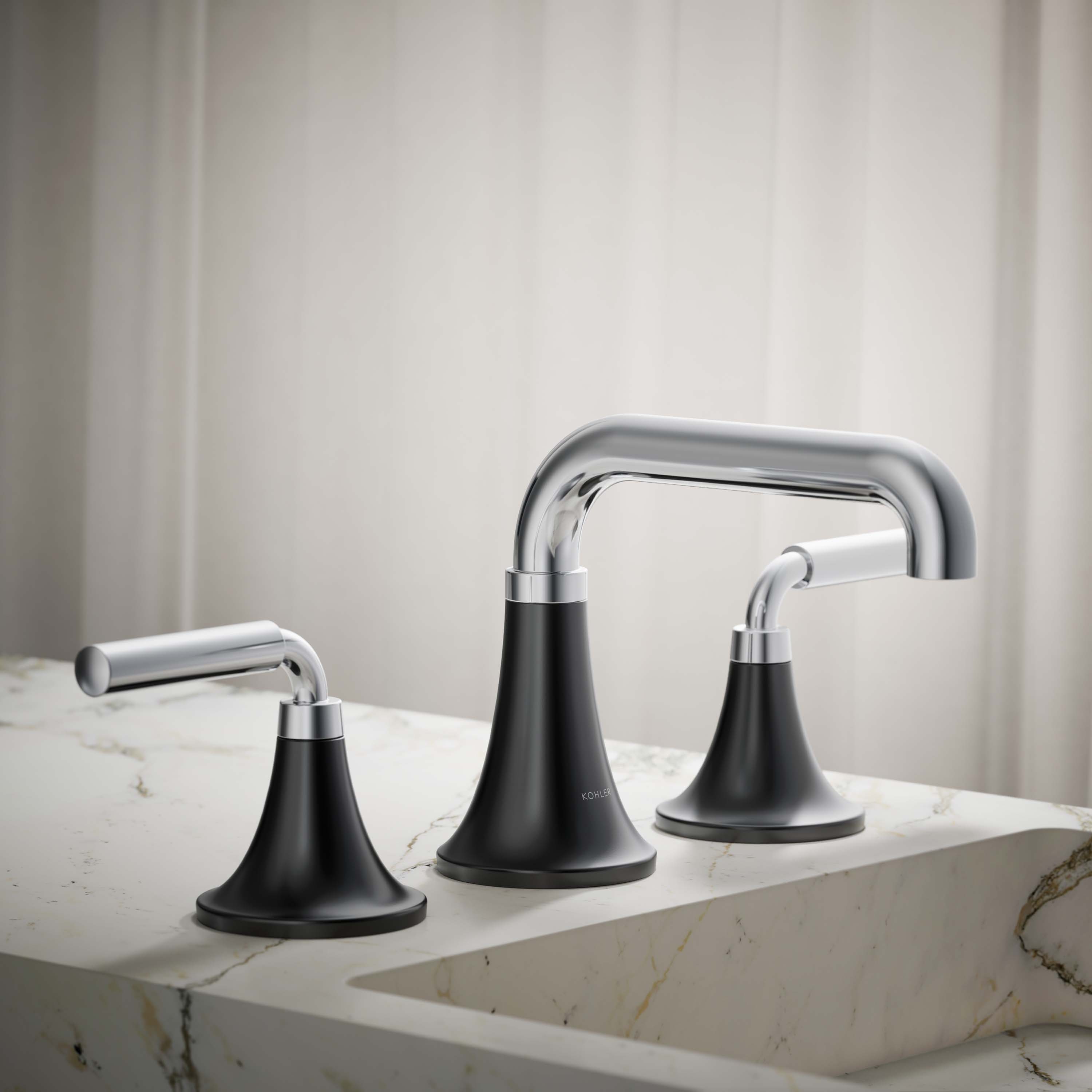 KOHLER 27416-4-CBL Tone Polished Chrome with Matte Black Widespread 2-handle WaterSense Low-arc Residential Handle Bathroom Sink Faucet