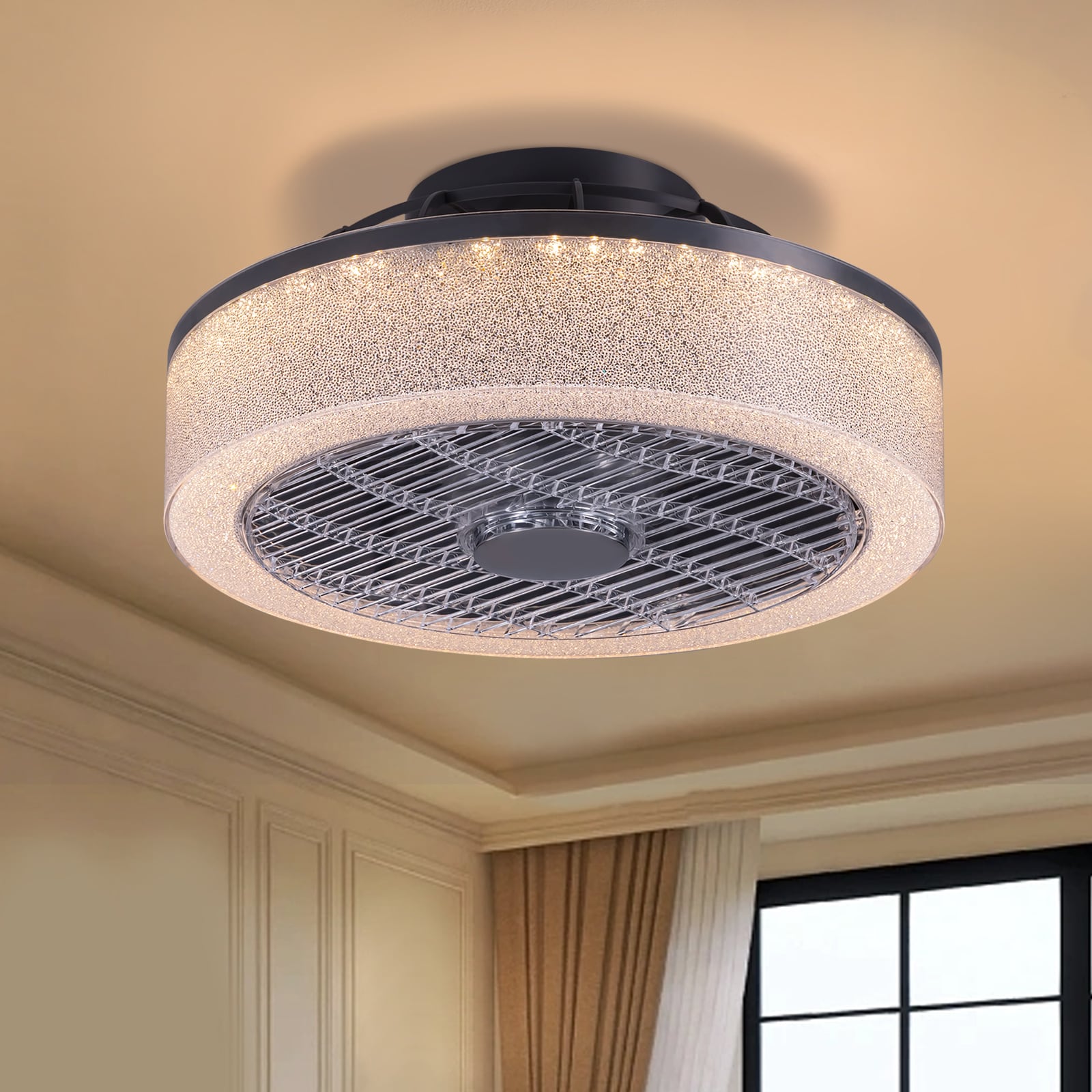 FANNEHONNE 16 in. Modern Low Profile Indoor Flush Mount Smoky Gray Caged Ceiling Fan with RGB LED Light Included Remote and Smart App Control  For Small Bedroom