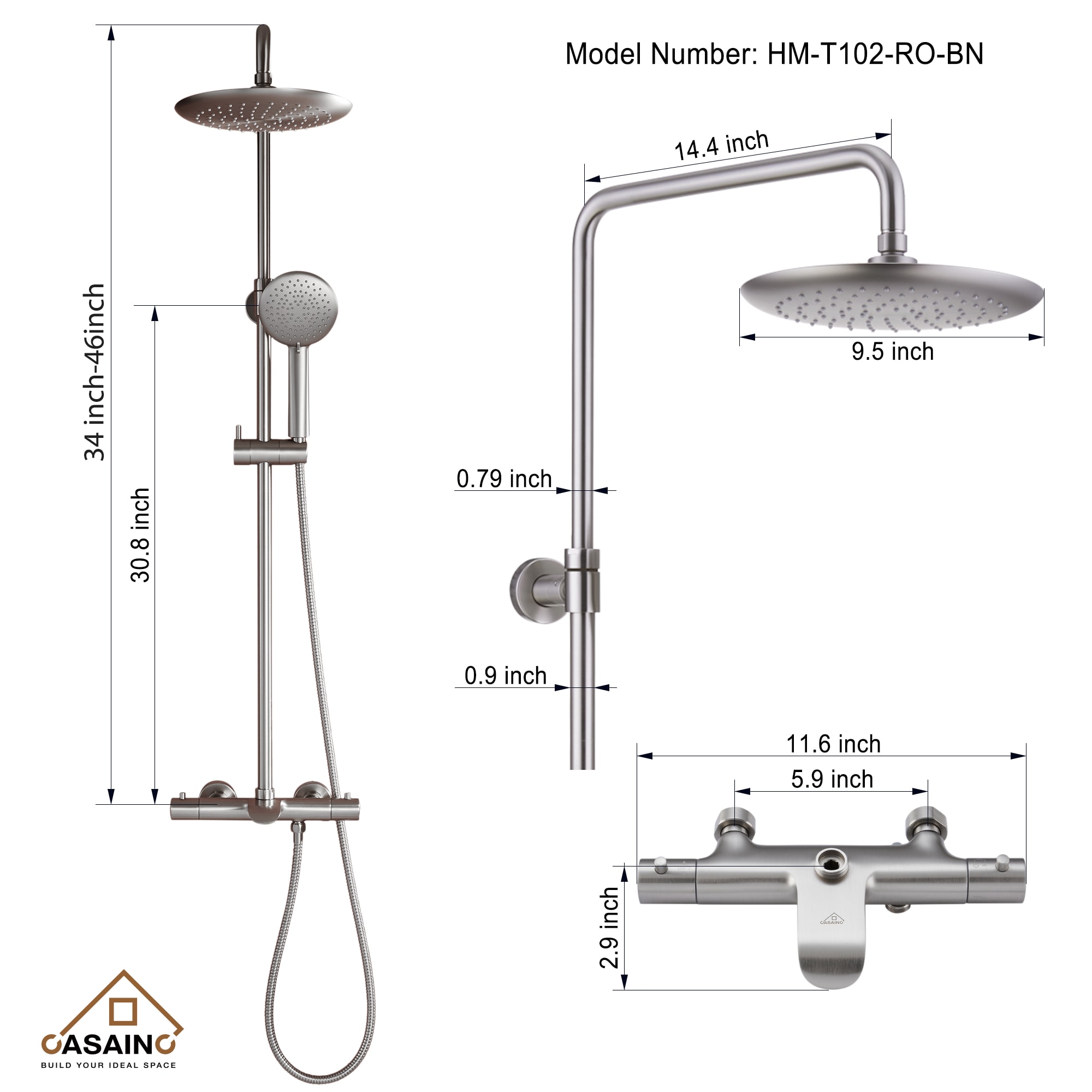 CASAINC HM-T102-RO-BN Showerhead-Bar-Panels - View #4