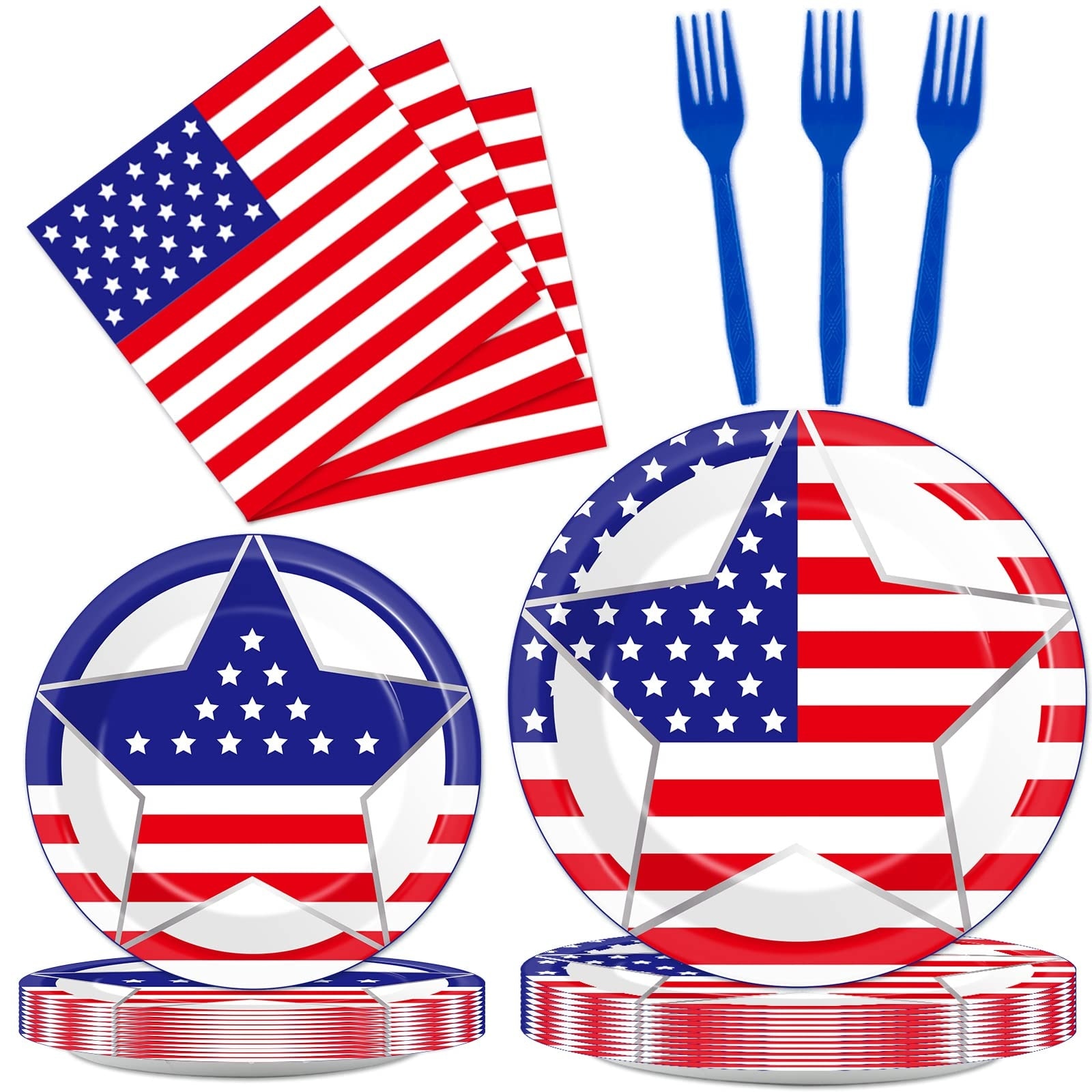 Phewnyzo 96 pcs 4th of July Party Tableware Set American Flag Disposable Plates Napkins Forks Patriotic Stars Decoration for 24 Guests Memorial #LPW0519W031