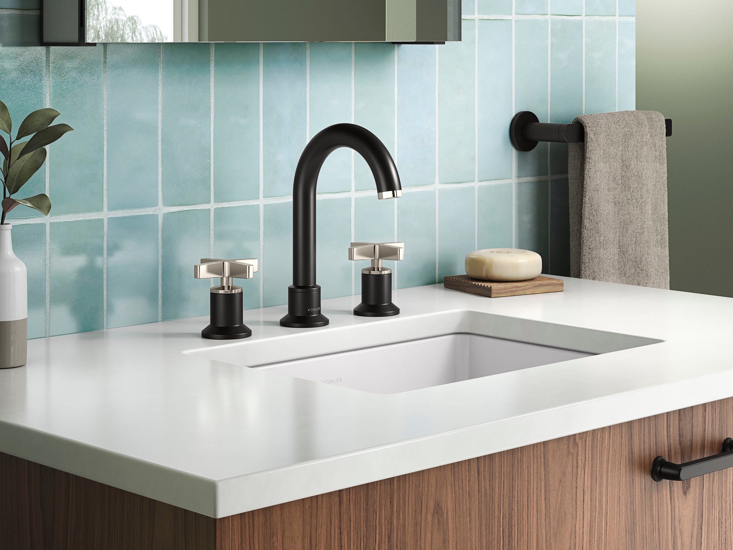 KOHLER REC28733-3D-BSN Premise Matte Black/Polished Nickel Widespread 2-handle WaterSense High-arc Residential Handle Bathroom Sink Faucet with Drain