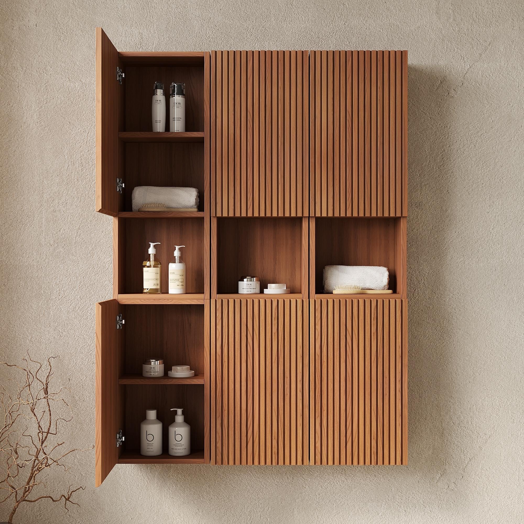 IAK 41 inch Brown Oak Woodgrain Plywood Wall Mounted Medicine Cabinet with 6 Doors and Damping Hinges
