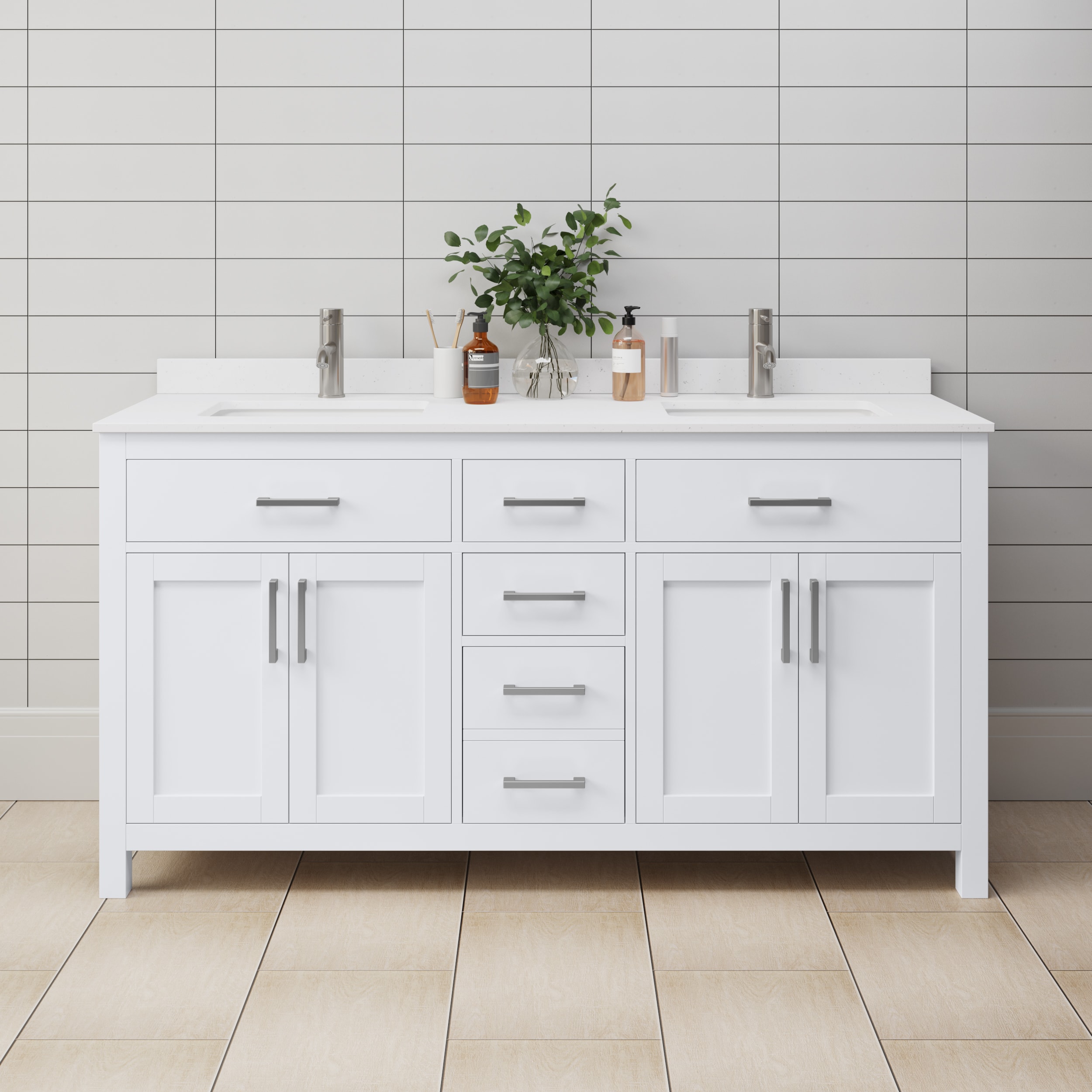 Wyndham Collection WCG242466DWHWCUNSMXX Beckett 66-in White with Brushed Nickel Trim Undermount Double sink Bathroom Vanity with White Cultured Marble Cultured marble Top