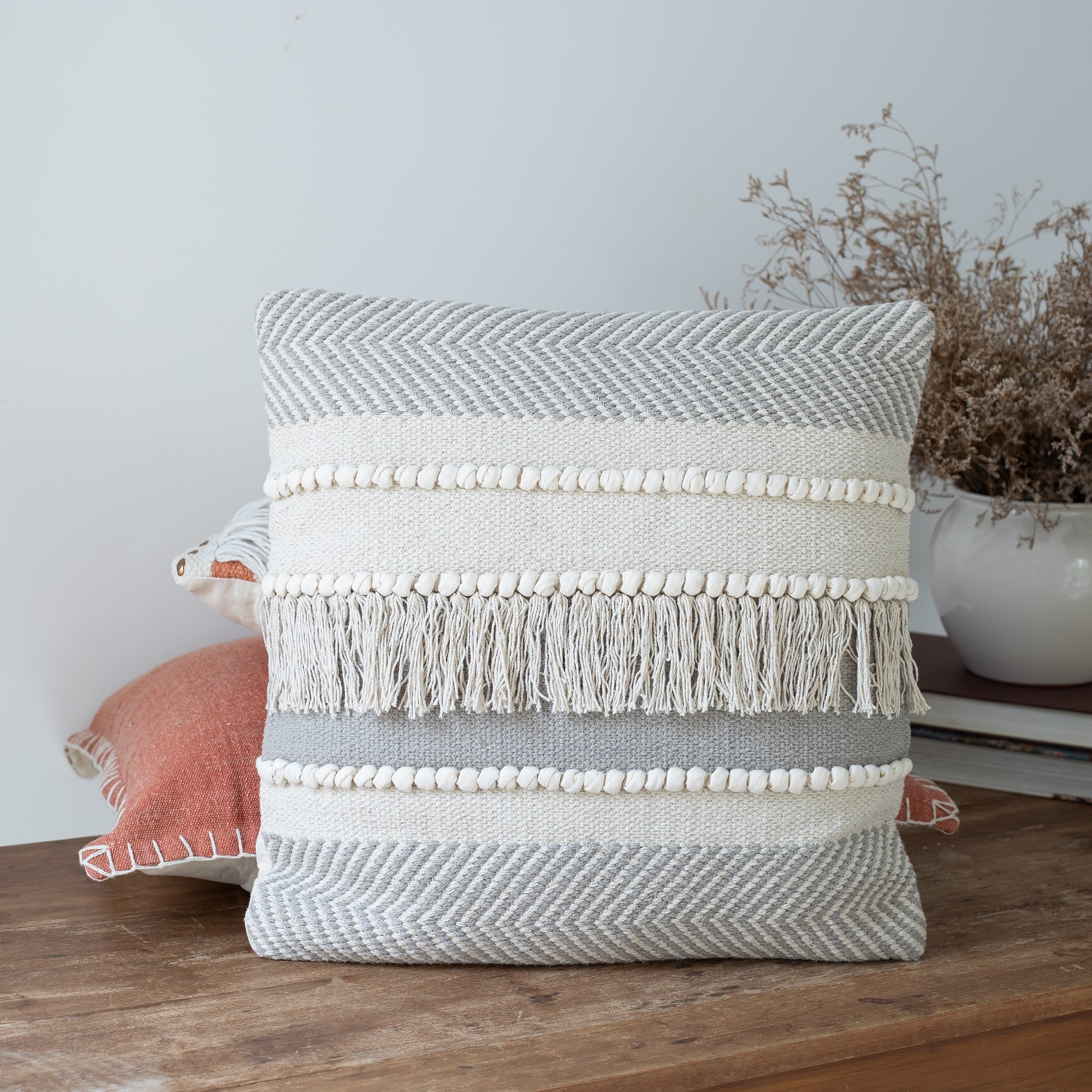 Beige Cotton Embroidered Square Throw Pillow 20" x 20"