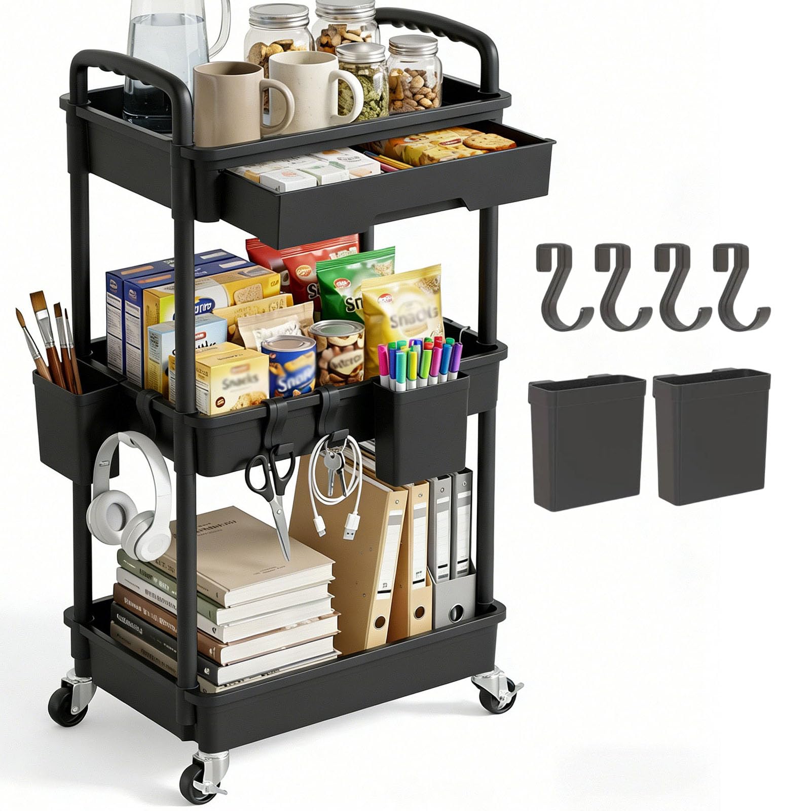 Phewnyzo  3 Tier Rolling Utility Cart with Drawer Plastic Storage Organizer with Wheels Handles Hanging Cups Hooks for Office Bathroom Kitchen
