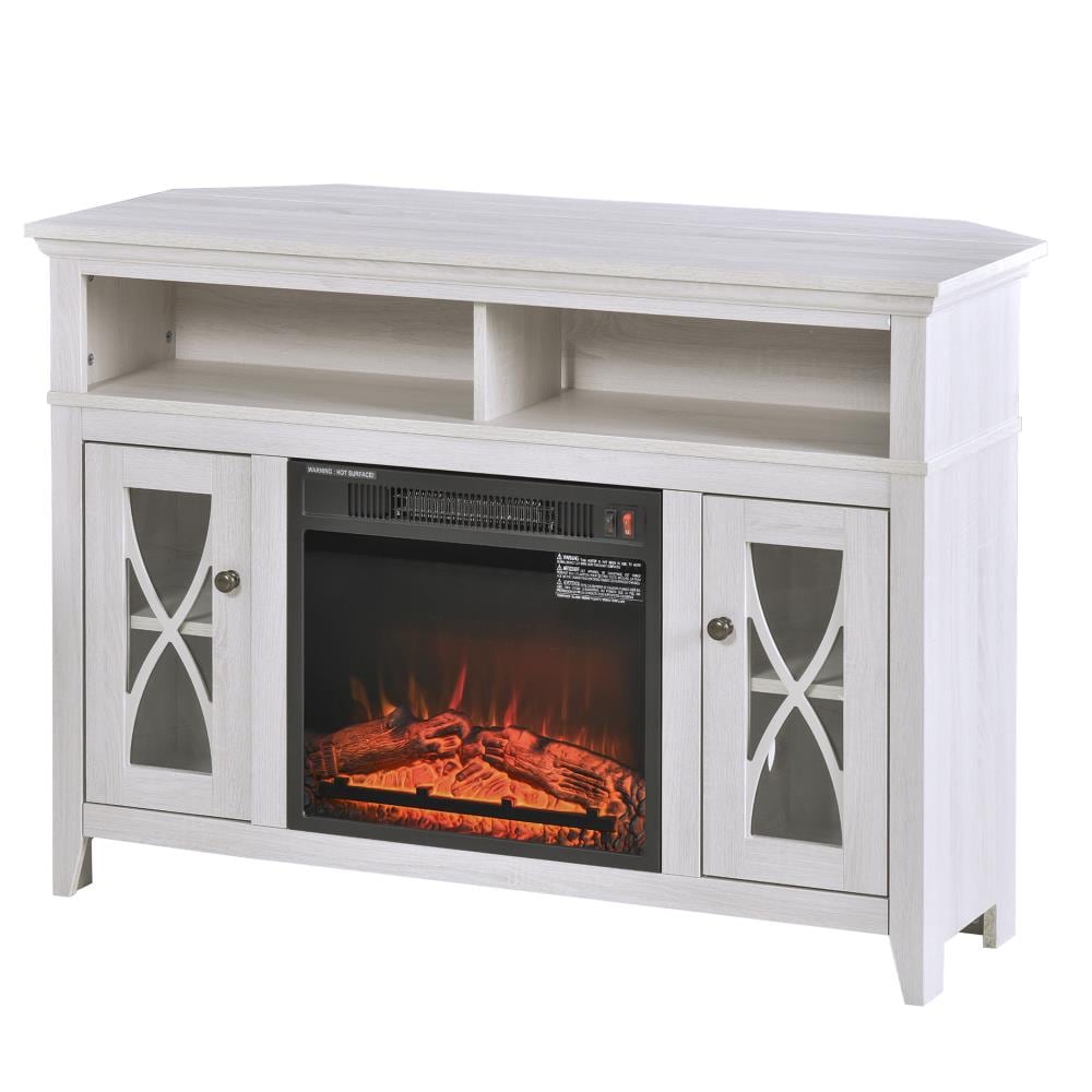 Small white tv stand deals with fireplace