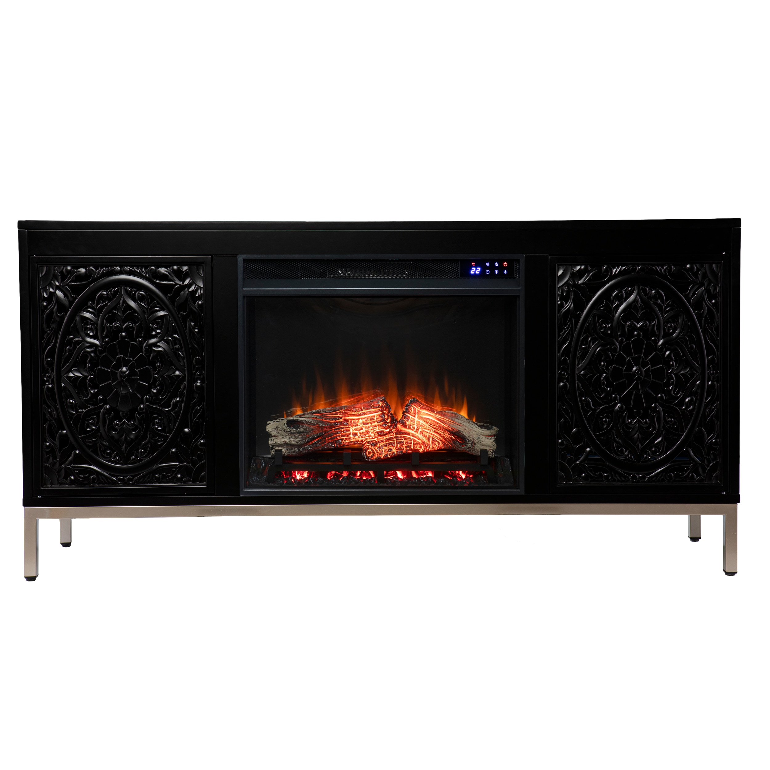 Southern Enterprises FR1154656 58-in W Black, Champage TV Stand with Fan-forced Flat wall Electric Fireplace with Remote Control Included