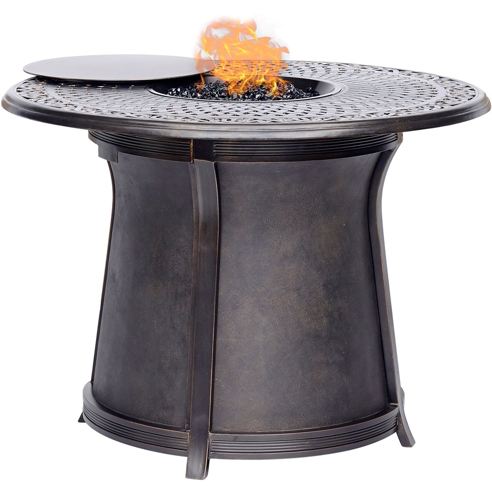Tan Elegance 48" Aluminum High-Dining Fire Pit Set with 4 Swivel Chairs
