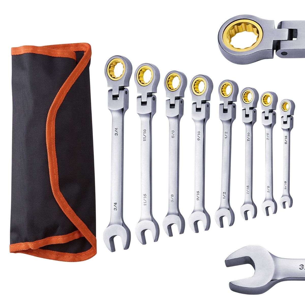 Tooliom Flex-Head Ratcheting Wrench Set 8-Piece SAE 5/16 To 3/4 Inch Cr-V Steel With Roll-Up Pouch