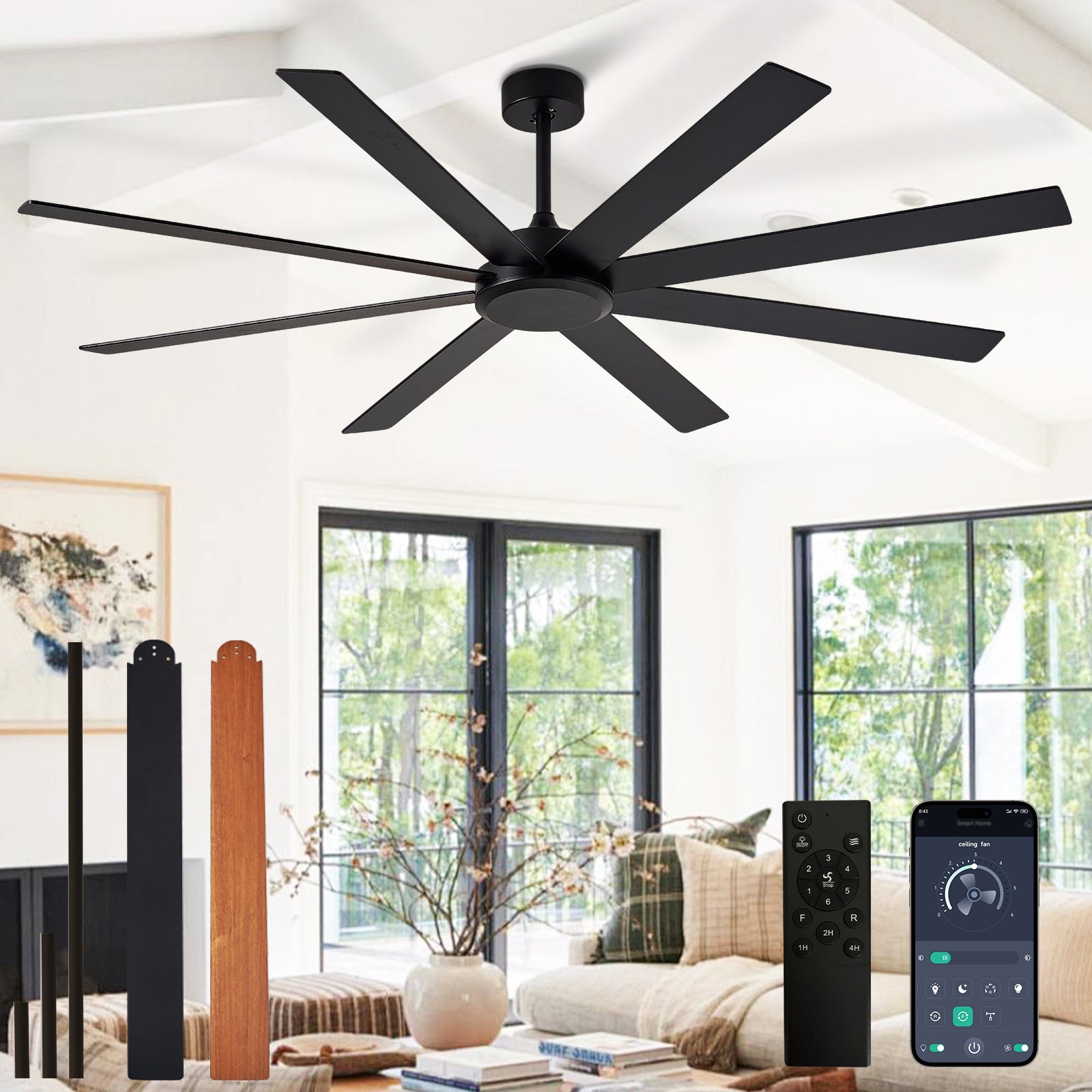 Dovanpaul 72 inch  Large Ceiling Fans with Remote APP Control Black Indoor Outdoor Ceiling Fan for Patios Living Room  8 Blades Dimmable Timer Reversible Quiet DC Motor 6 Speeds