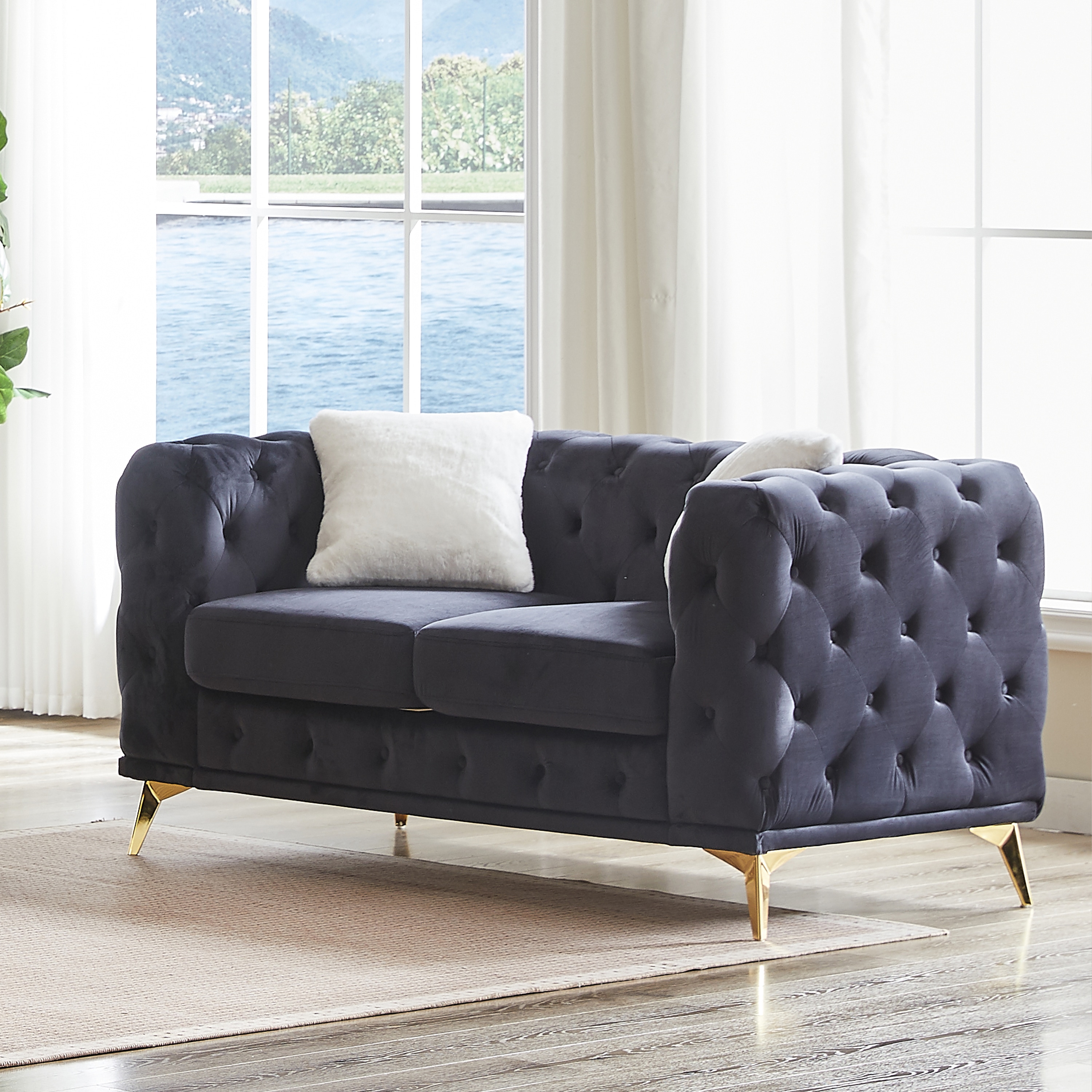 LOVMOR SF-M-W1926S00070 61.25 inch Deluxe Velvet Sofa with Chesterfield Tufted Buttons with 2 Pillows and Metal Feet