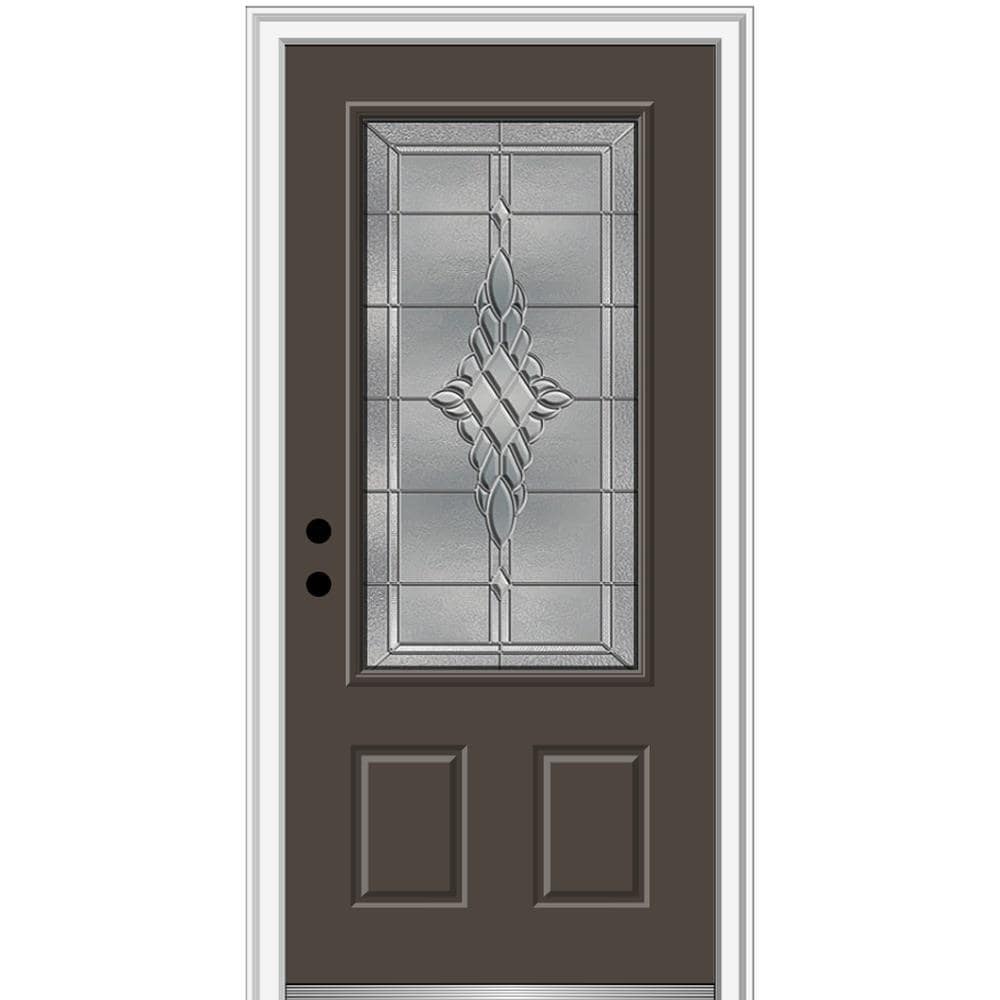 MMI DOOR ZZ3667012R 36-in x 80-in x 4-9/16-in Fiberglass 3/4 lite Right-hand inswing Brown Painted Prehung Front Door with Brickmould Insulating core