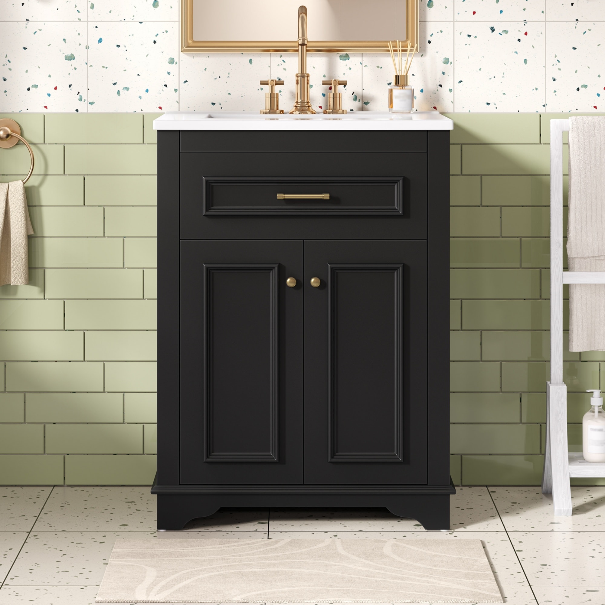 GDFStudio Oakmont Compact 24 in. Freestanding Bathroom Vanity with Integrated Ceramic Sink 1 Tip-Out Drawer and Concealed Storage for Small and Medium Restroom - Black