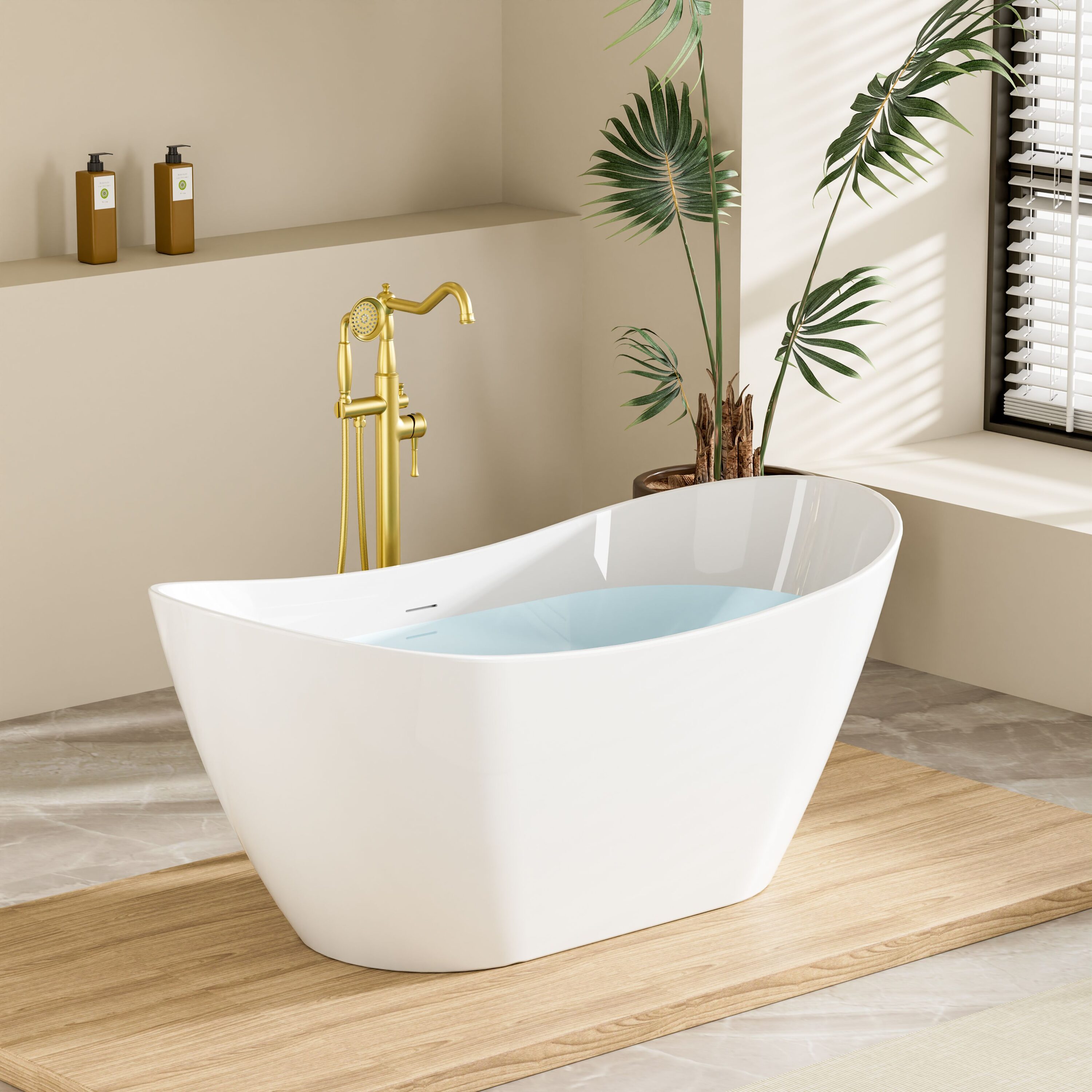 WELLFOR 60-in x 28.8-in Glossy White Acrylic Oval Freestanding Soaking Bathtub with Drain ( Center Drain )