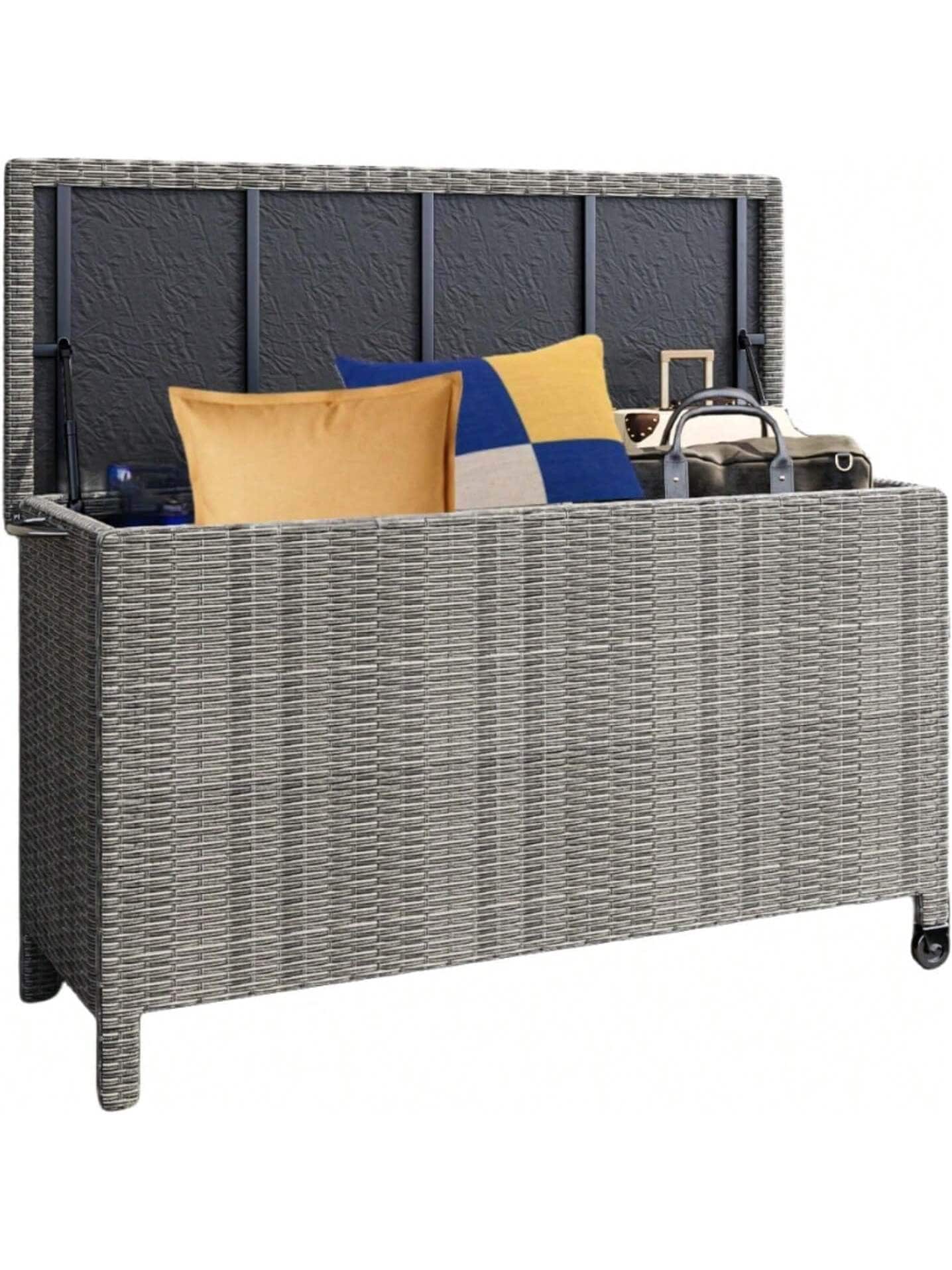 Qeetex PHO-12DQISAM-HF4 Grey 125 Gallon Large Deck Box Waterproof PE Rattan Outdoor Storage Box with Handles and Wheels. Storage Bin for Garden. Balcony. Porch. Pool. Yard