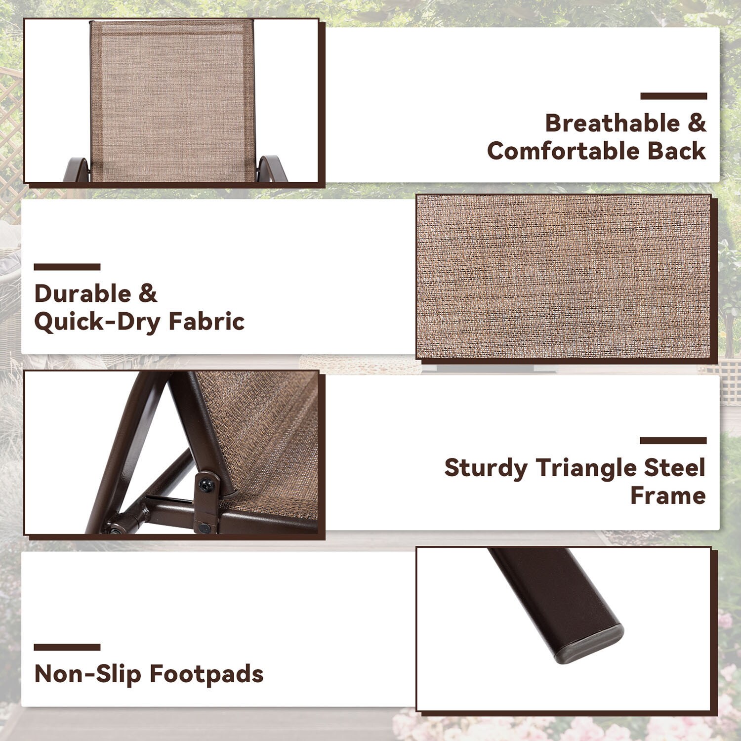 Brown Steel Frame Outdoor Dining Chairs with Armrests, Set of 2