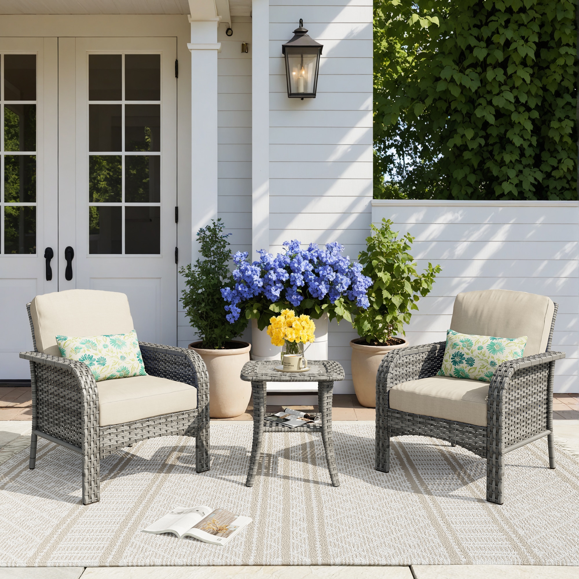 Ovios GNDS602 3 -Piece Rattan Patio Conversation Set with Beige Cushions
