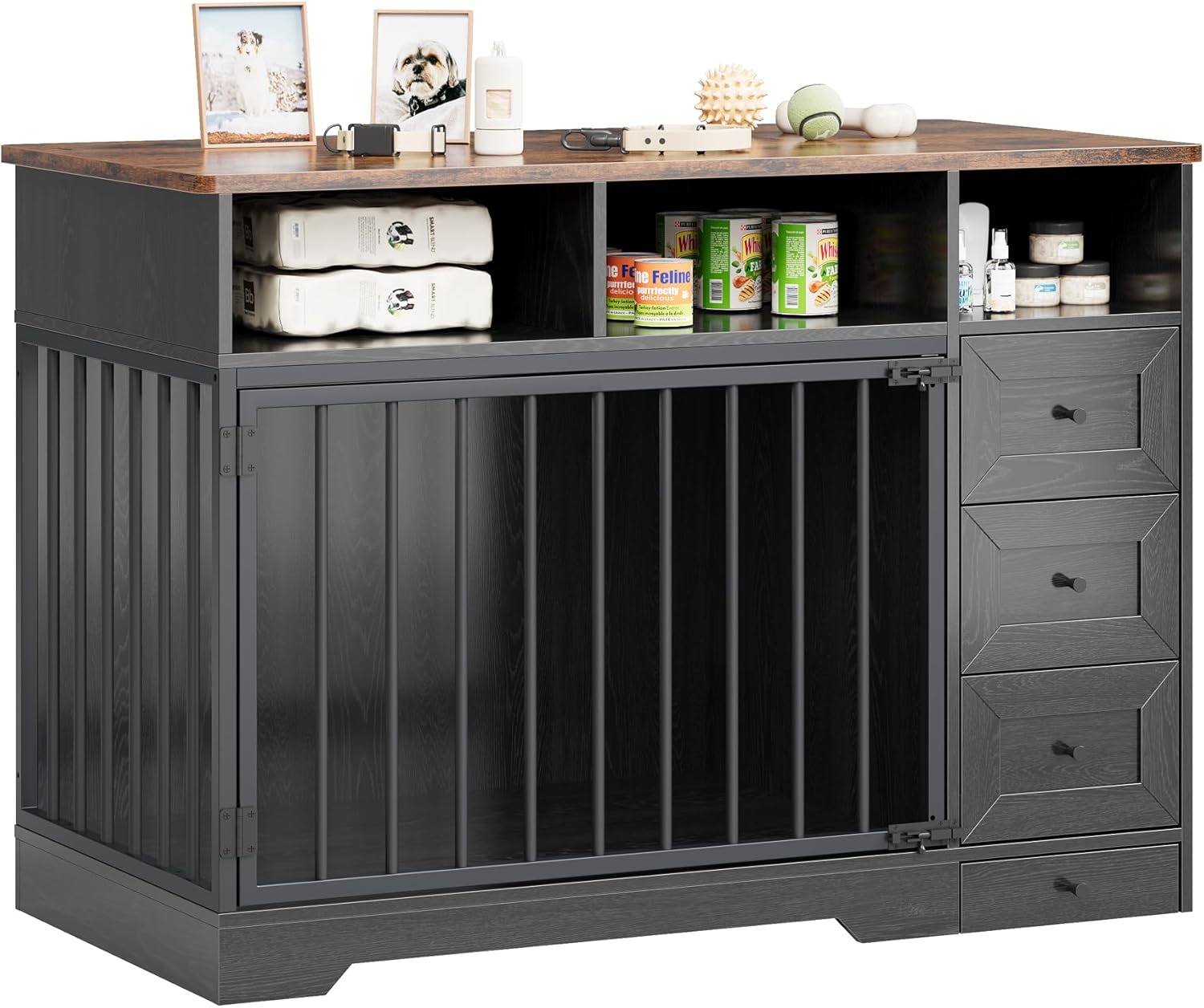 Qeetex DHZ-PHO-33JRP5EY 48 inch Dog Crate Furniture Farmhouse Dog Kennel with Bowl and Drawers Heavy Duty Pet Crate Table for Medium Small Dogs for Living Room Entryway Storage