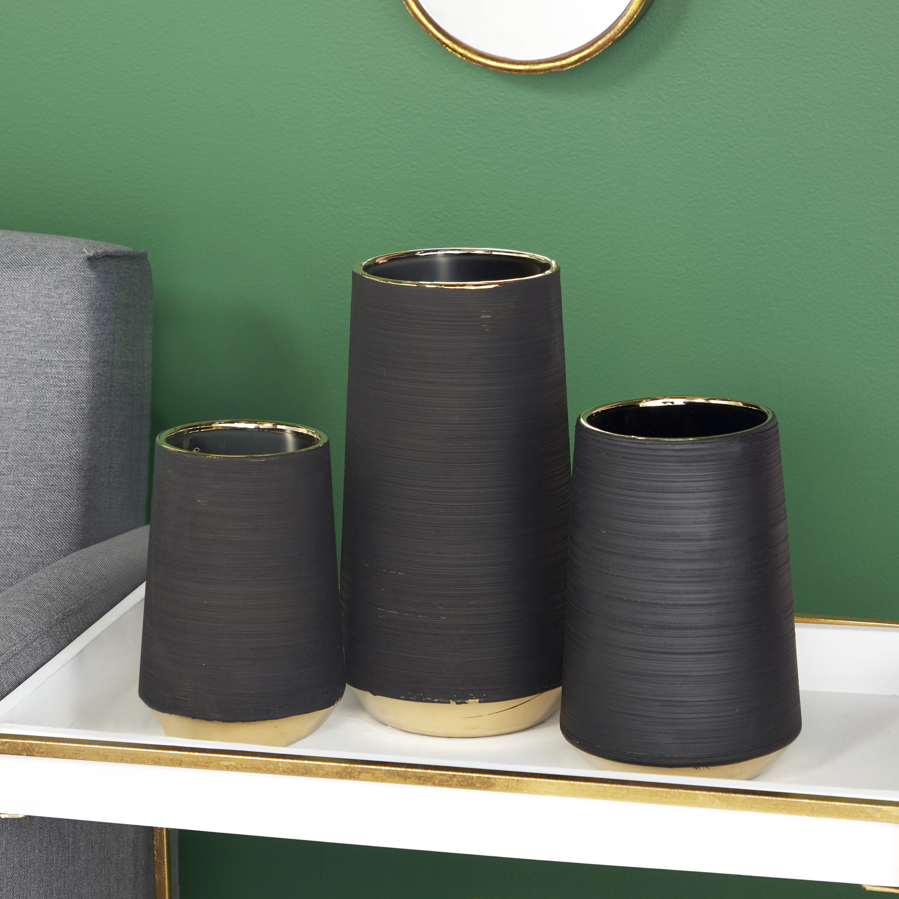 Matte Black Porcelain Vase with Gold Trim Accents 9"x12"