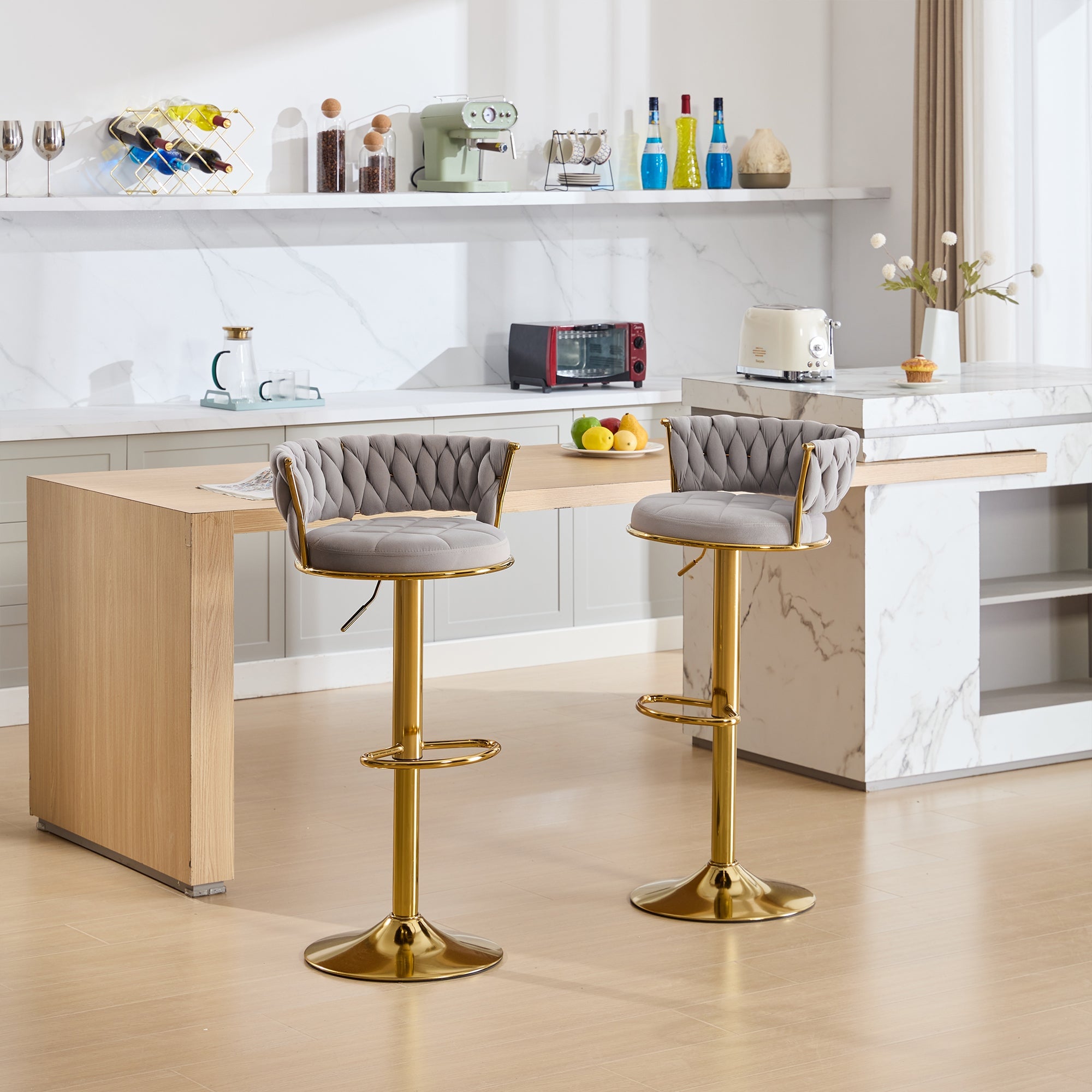 Vecelo LOE-C15-LGRY Velvet Swivel Bar Stool Set Of 2 Adjustable Counter Height Armless Barstools Kitchen Island Chairs