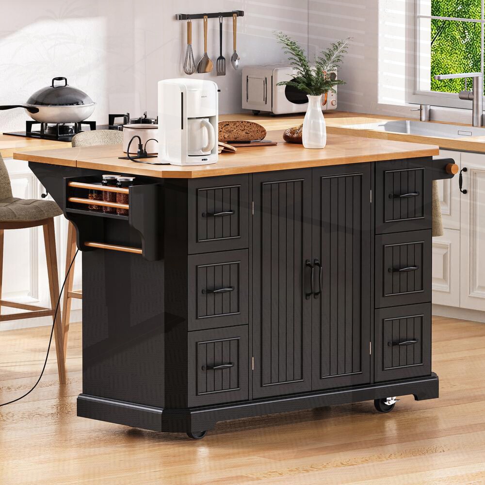 SunJet 56 Inch Kitchen Island with Rubber Wood Veneer Drop Leaf