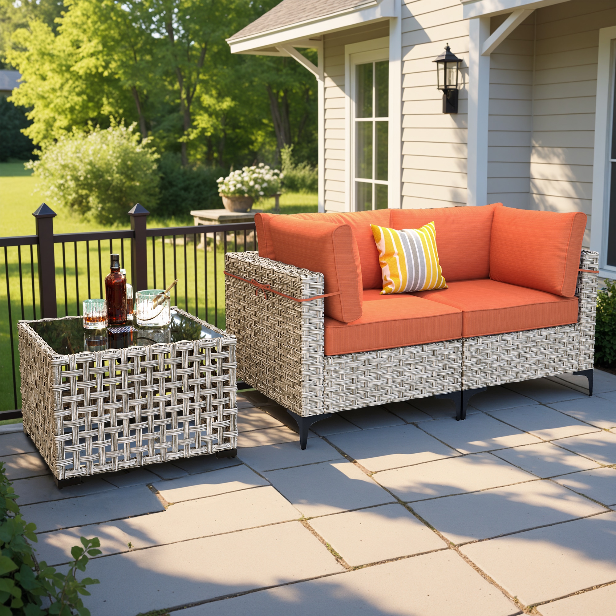 ALTRIGUS 6L-SKT800-1-AL 3 -Piece Wicker Patio Sofa Conversation Set with Orange Cushions