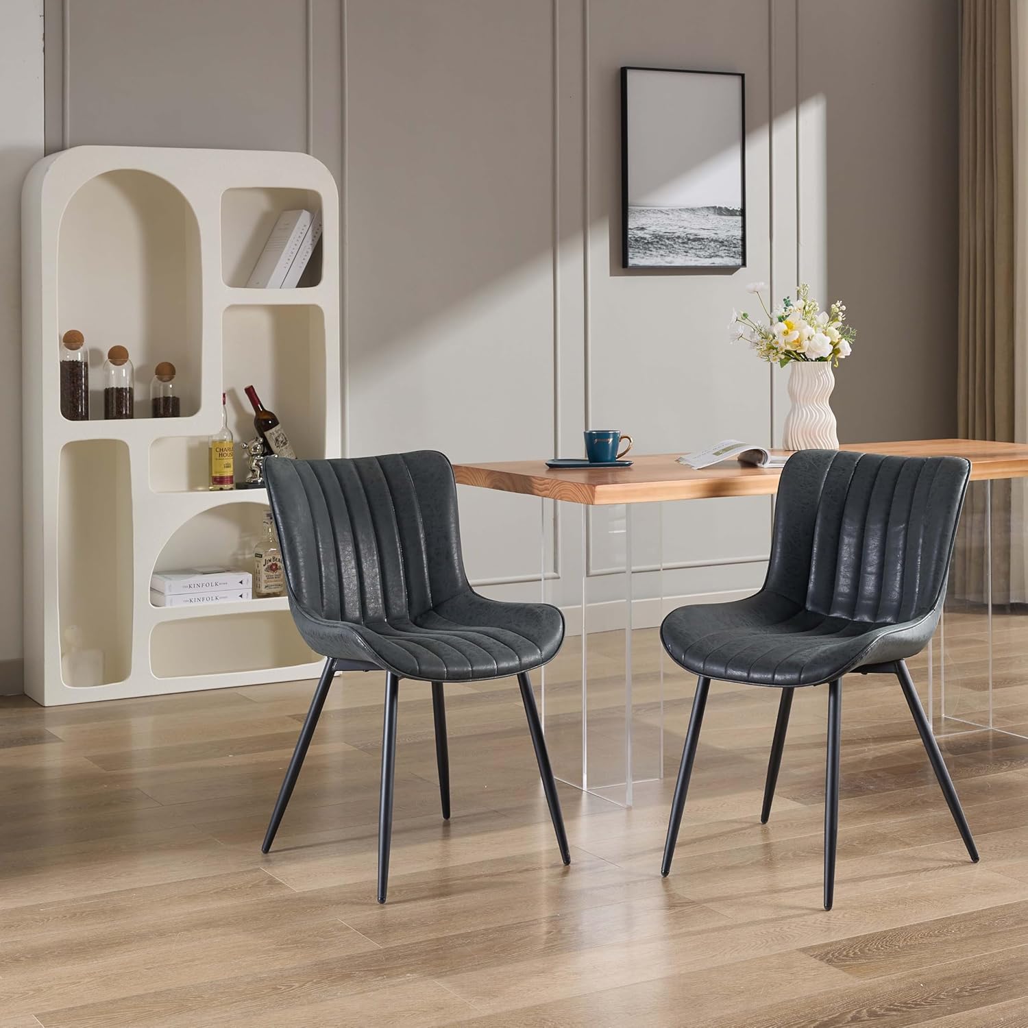 Qeetex PHO-13VIC33S-HNN Set of 2 Black Faux Leather Dining Chairs with Metal Legs and Comfy Backrest for Dining Room