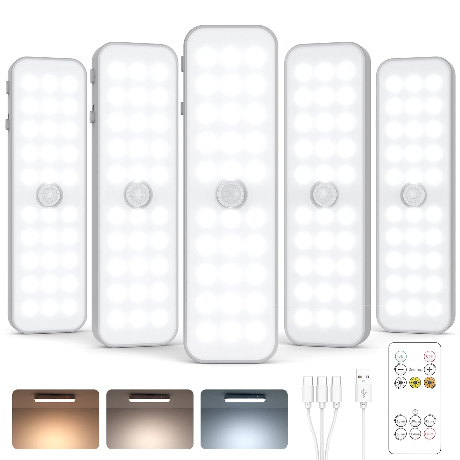 Lukvuzo  Wireless renewable power Motion Sensor Puck Lights 5 Pack Small 6 Inch LED Under Cabinet Lighting with 3 Color Temperatures Dimmable