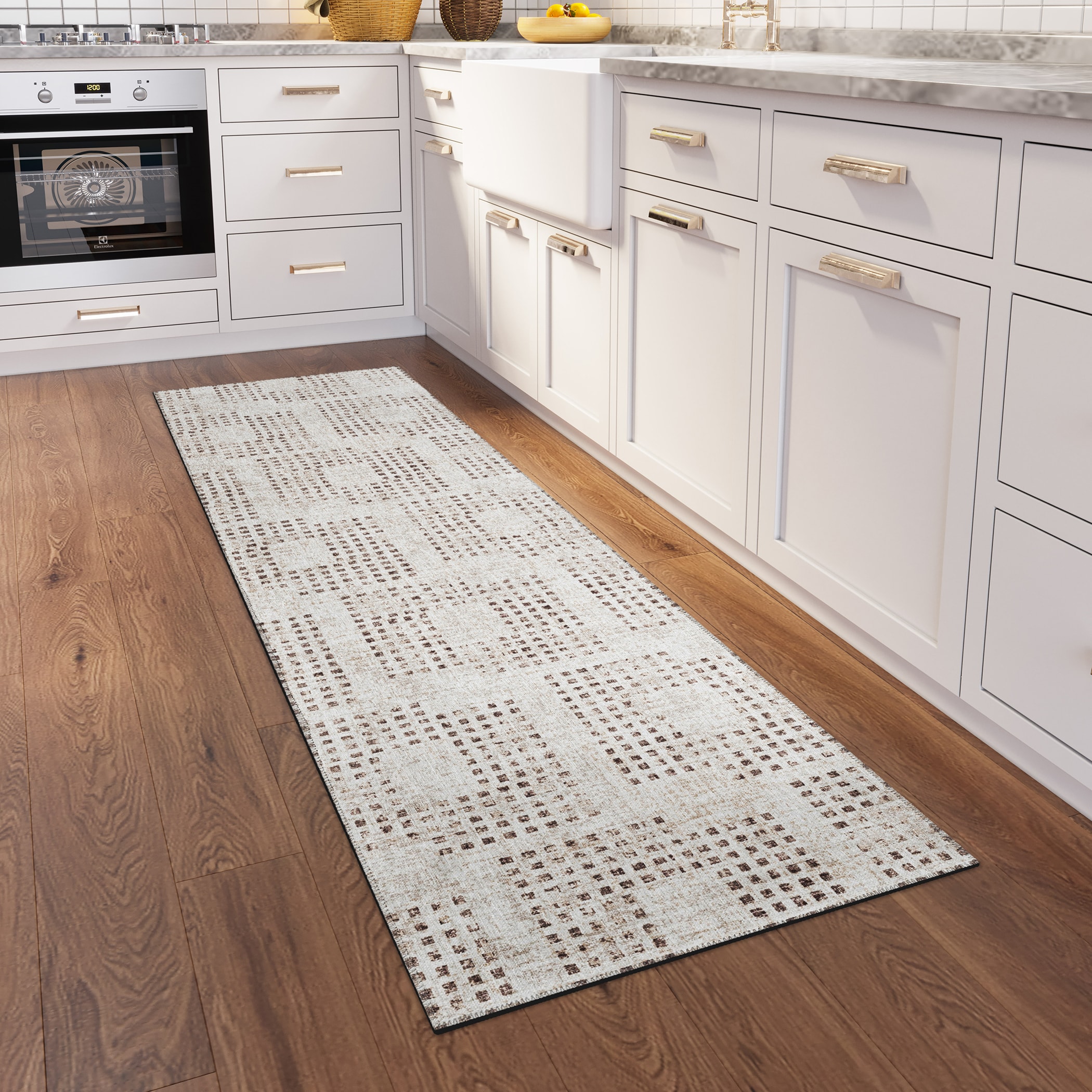 Beige Geometric Chenille Washable Runner Area Rug