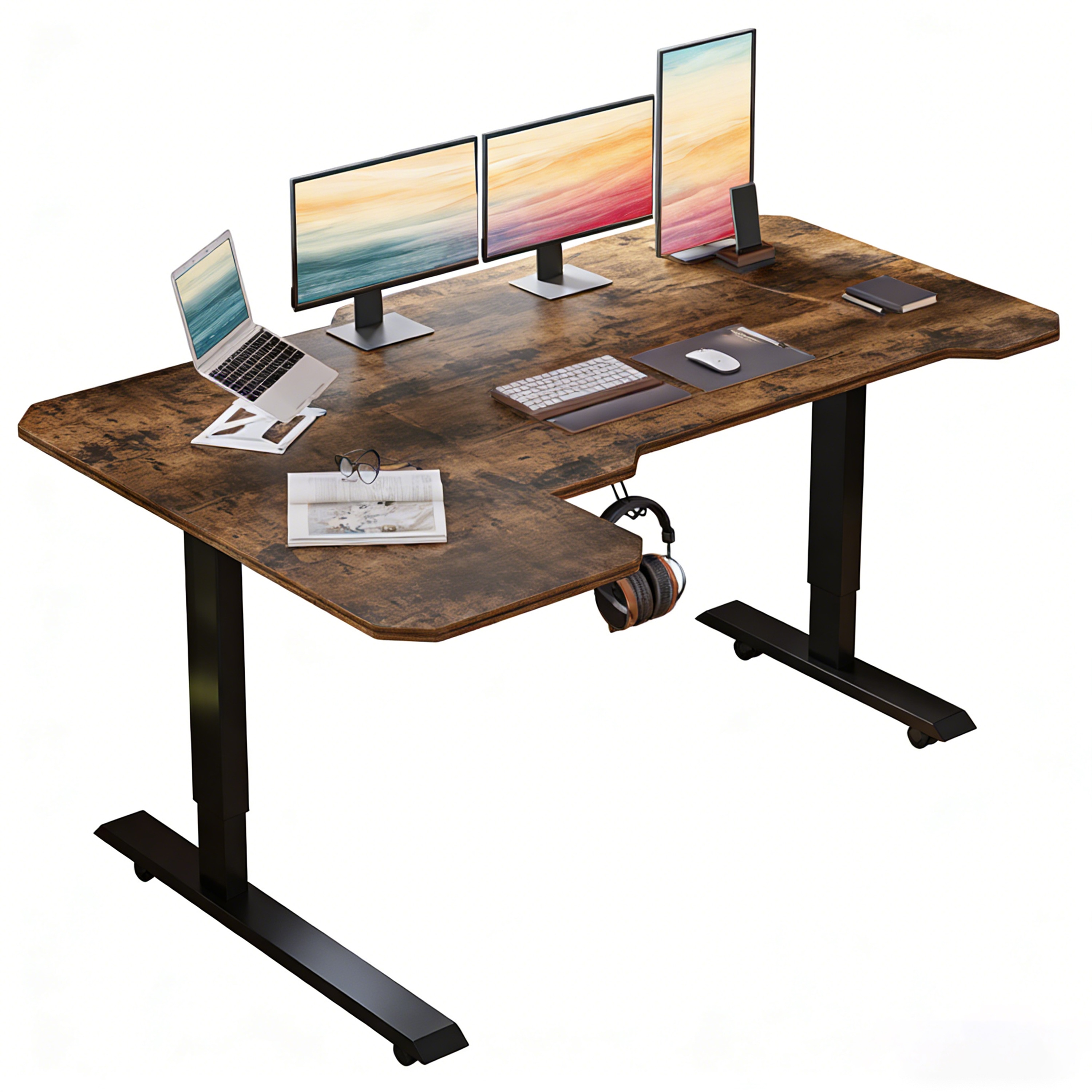 Huluwat L-Shaped 59-inch Height Adjustable Electric Standing Desk Sit and Stand Up Computer Desk For Home Office rustic brown