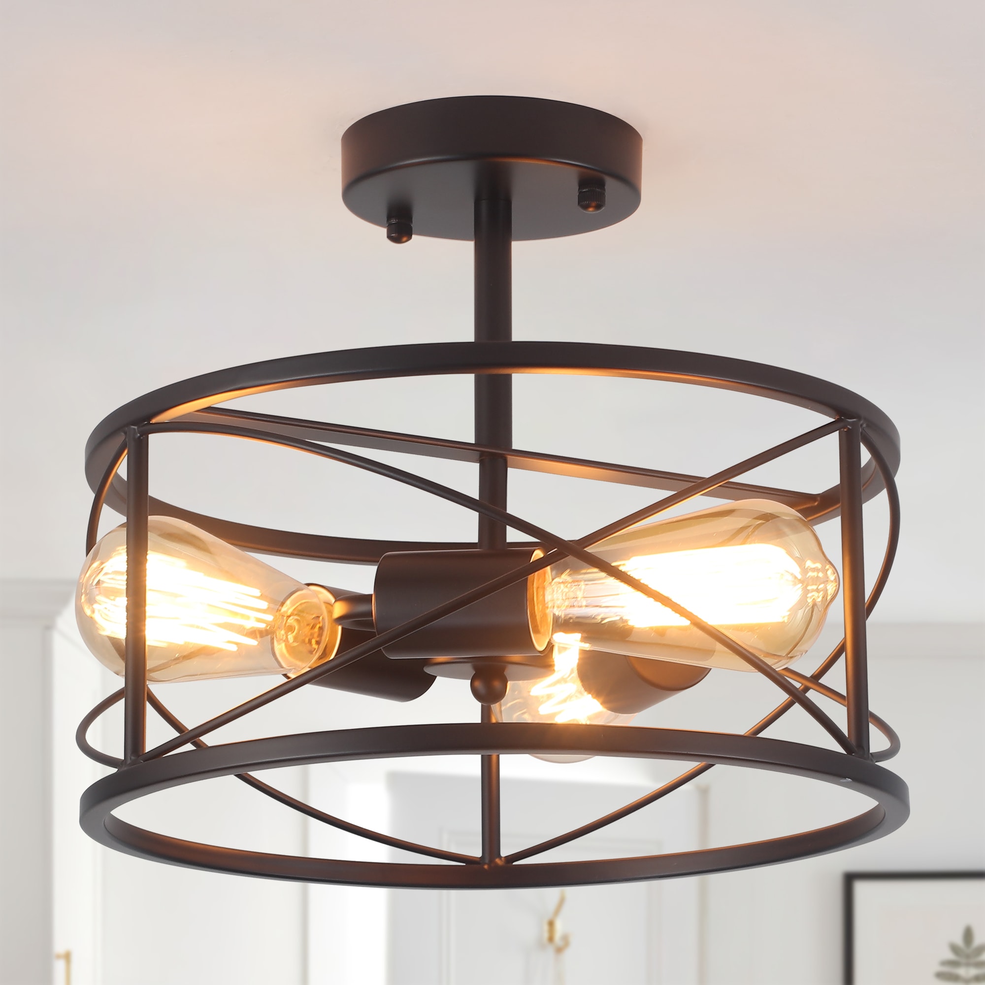 Zjvaive 12.5inch 3 Light Matte Black Industrial Metal Cage Flush Mount Ceiling Light
