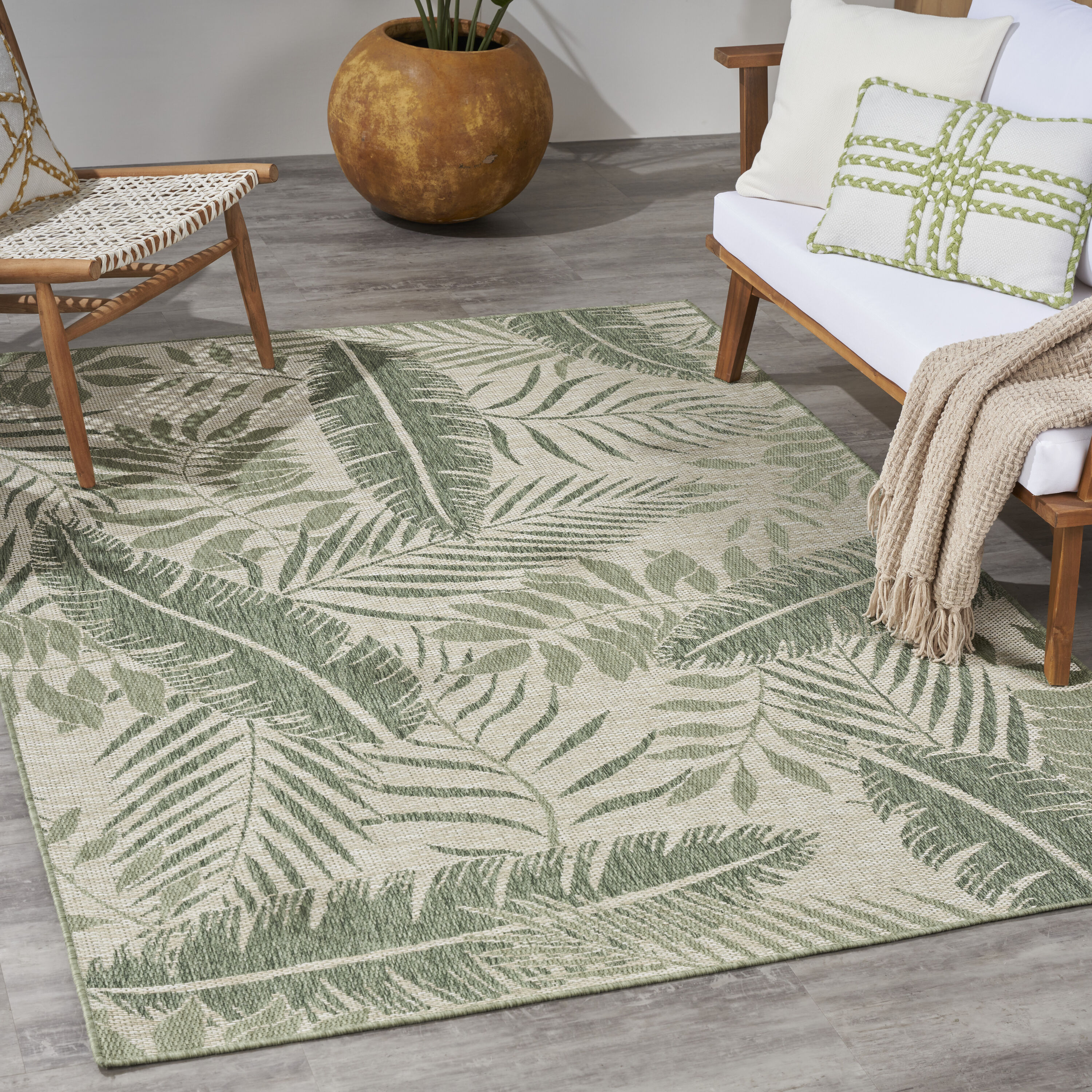 Nourison Home 099446943668 Garden Oasis 6 x 9 (ft) Loomed Polypropylene Ivory Green Rectangular Indoor/Outdoor Floral/Botanical Tropical Area rug