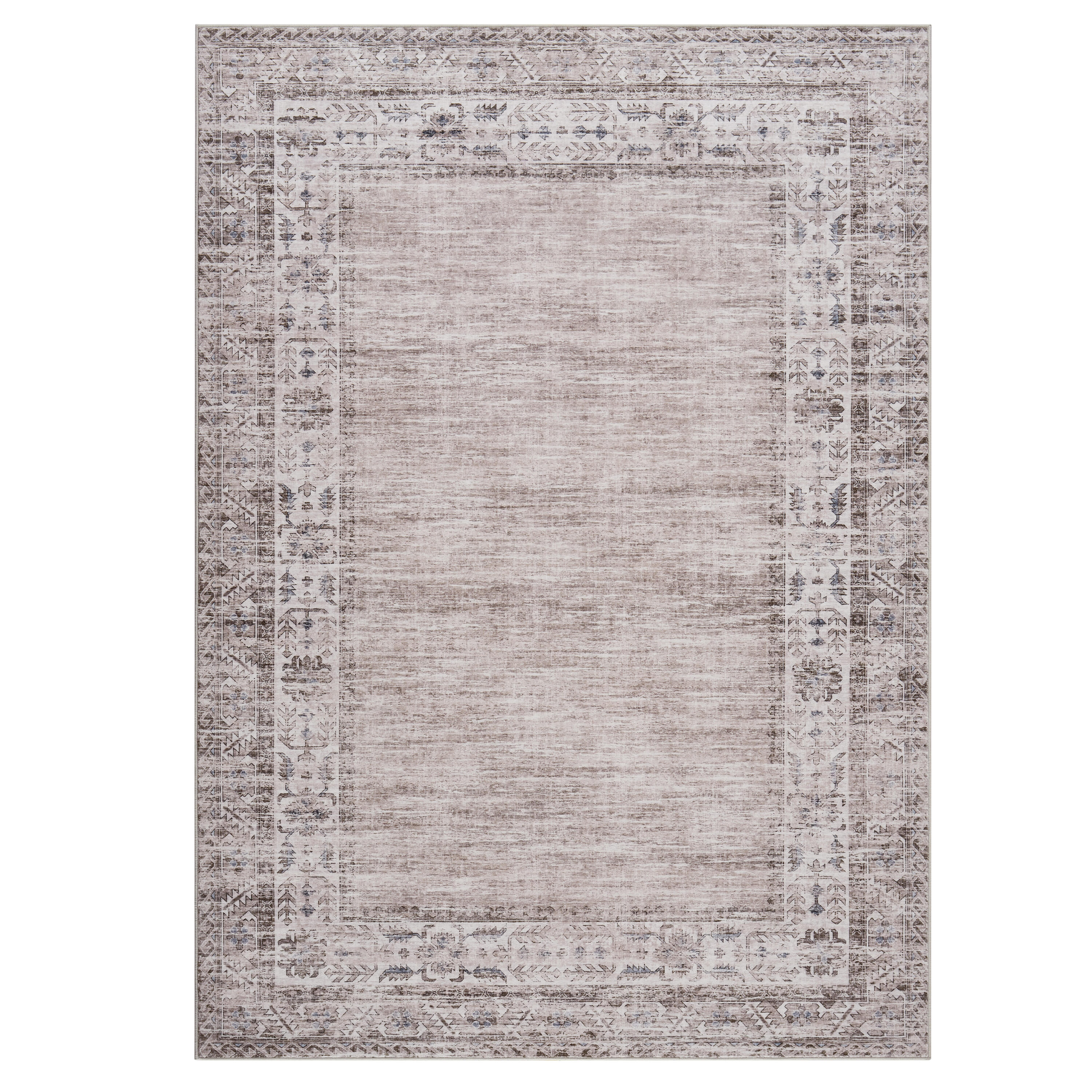 Qeetex SUNNY-PHK-34EXWACM 8 x 10 ft Polyester Light Taupe Rectangular Indoor Bedroom Living Room Distressed Floral Print Vintage Machine Washable Area Rug