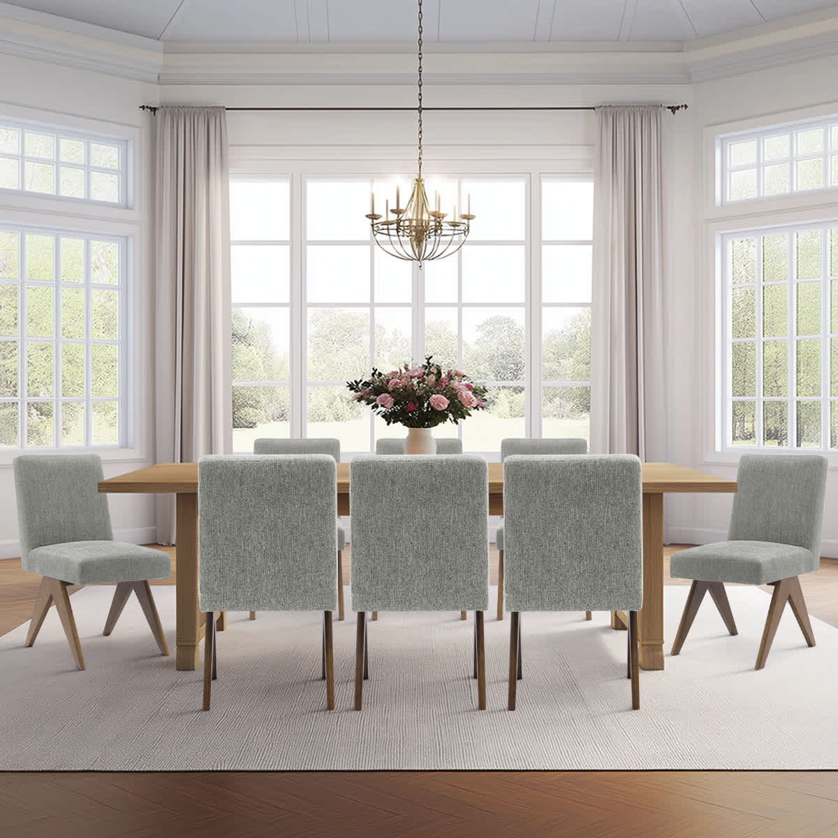 Maison Boucle Set of 8 Gray Upholstered Dining Chairs with V-Shaped Rubberwood Legs in Walnut Finish for Kitchen