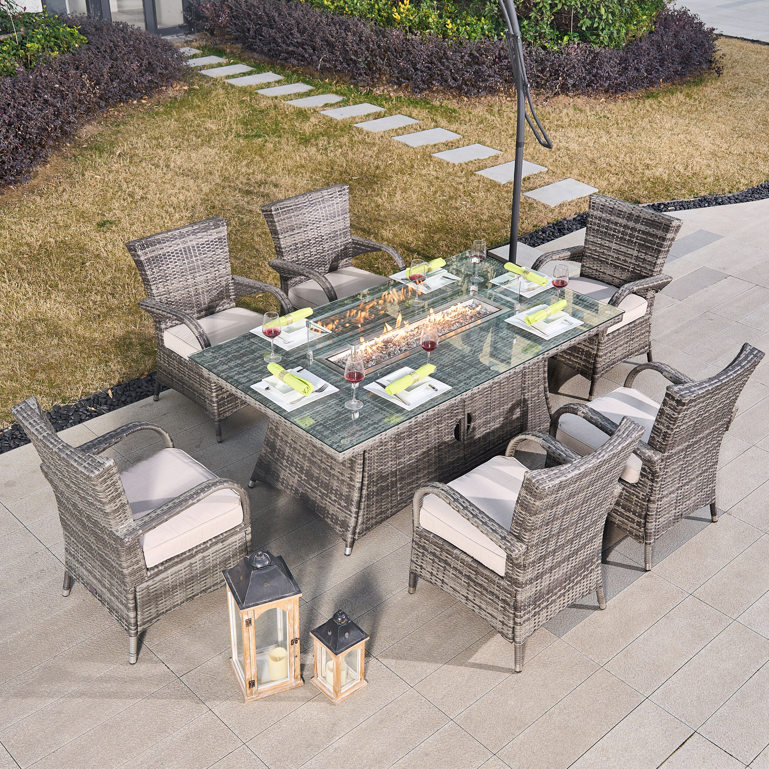 Moda Furnishings 1106R-1122-G Dominic 7 -Piece Gray Wicker Patio Dining Set Wicker Rectangle Table with 6 Gray Cushions Stationary Chairs Fire Pit Included
